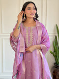 Women’s Embroidered Chanderi Kurti with Pant & Jacquard Butti Dupatta Set