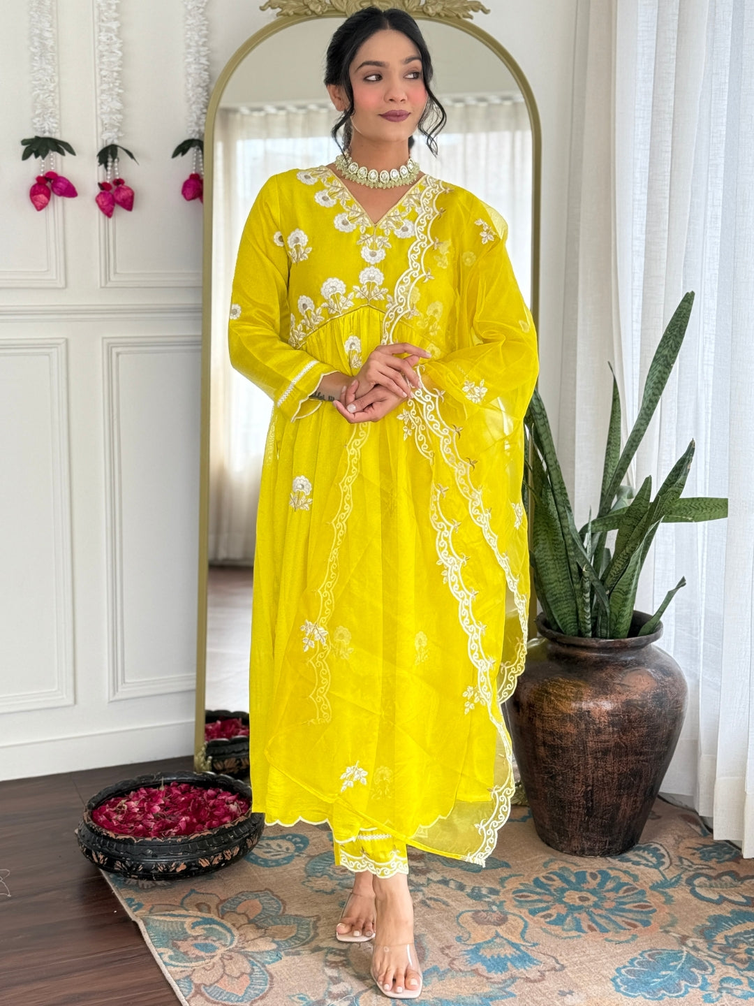 Embroidered Vichitra Silk Straight Kurta Set with Organza Dupatta