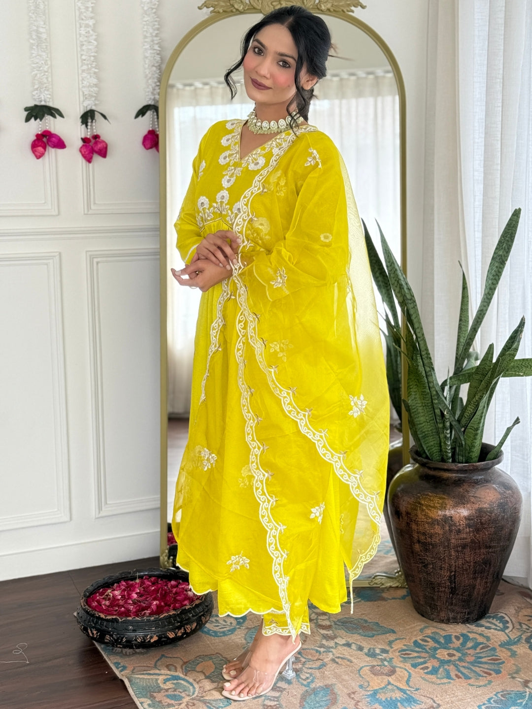 Embroidered Vichitra Silk Straight Kurta Set with Organza Dupatta