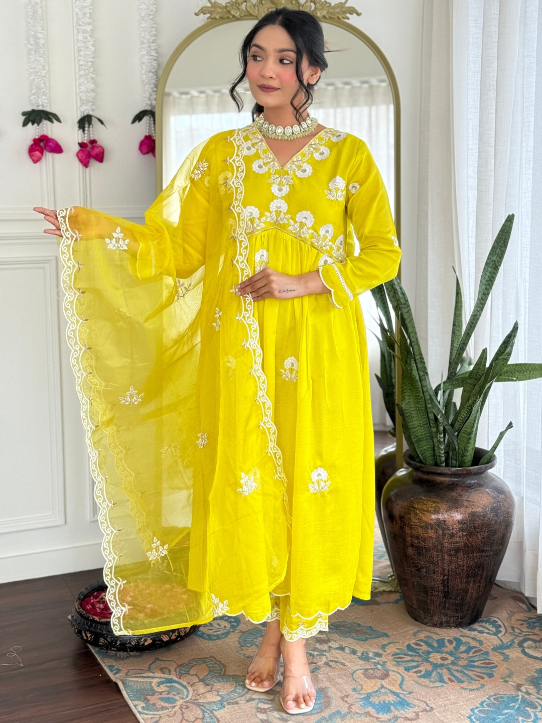Embroidered Vichitra Silk Straight Kurta Set with Organza Dupatta