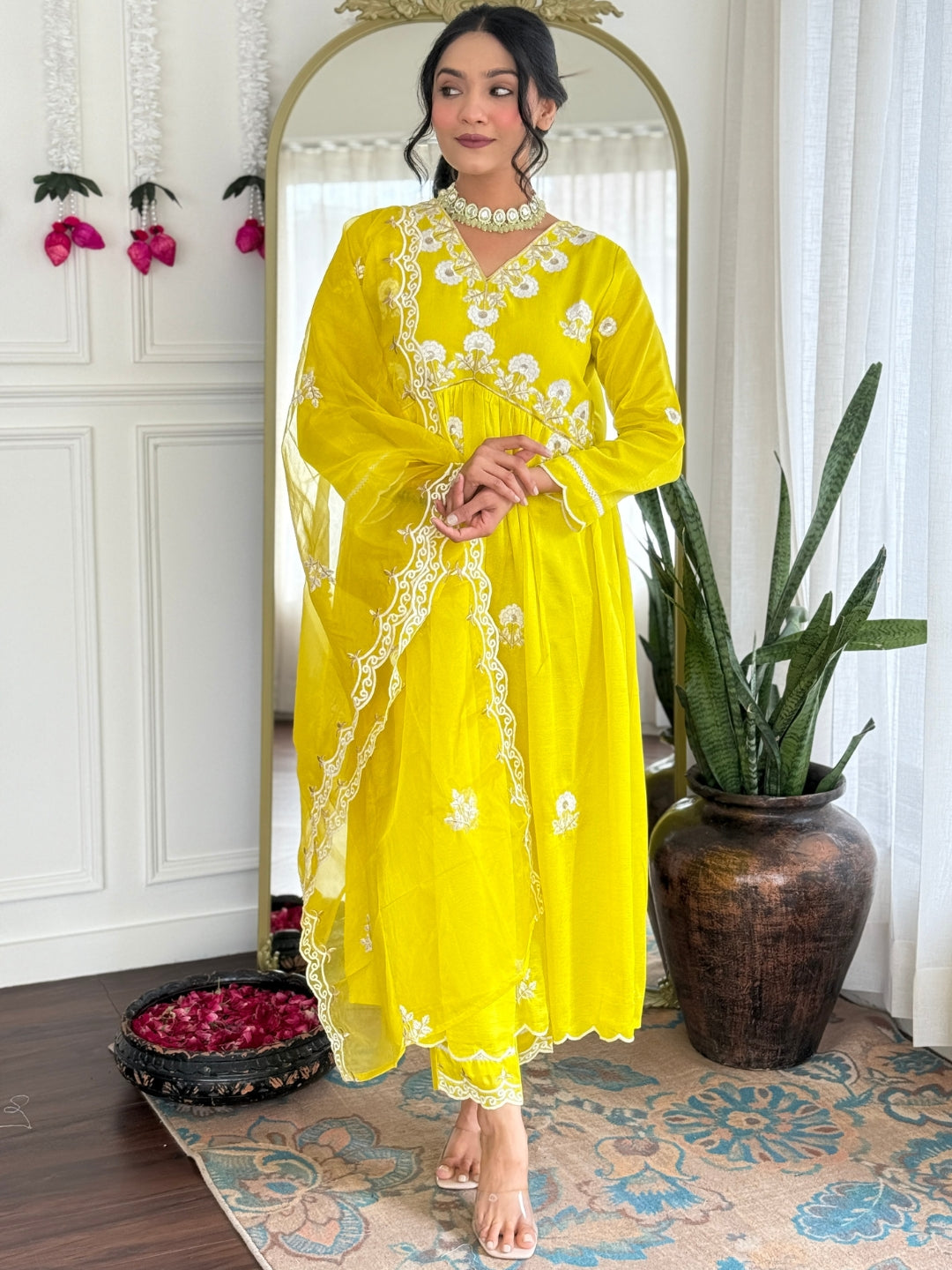 Embroidered Vichitra Silk Straight Kurta Set with Organza Dupatta