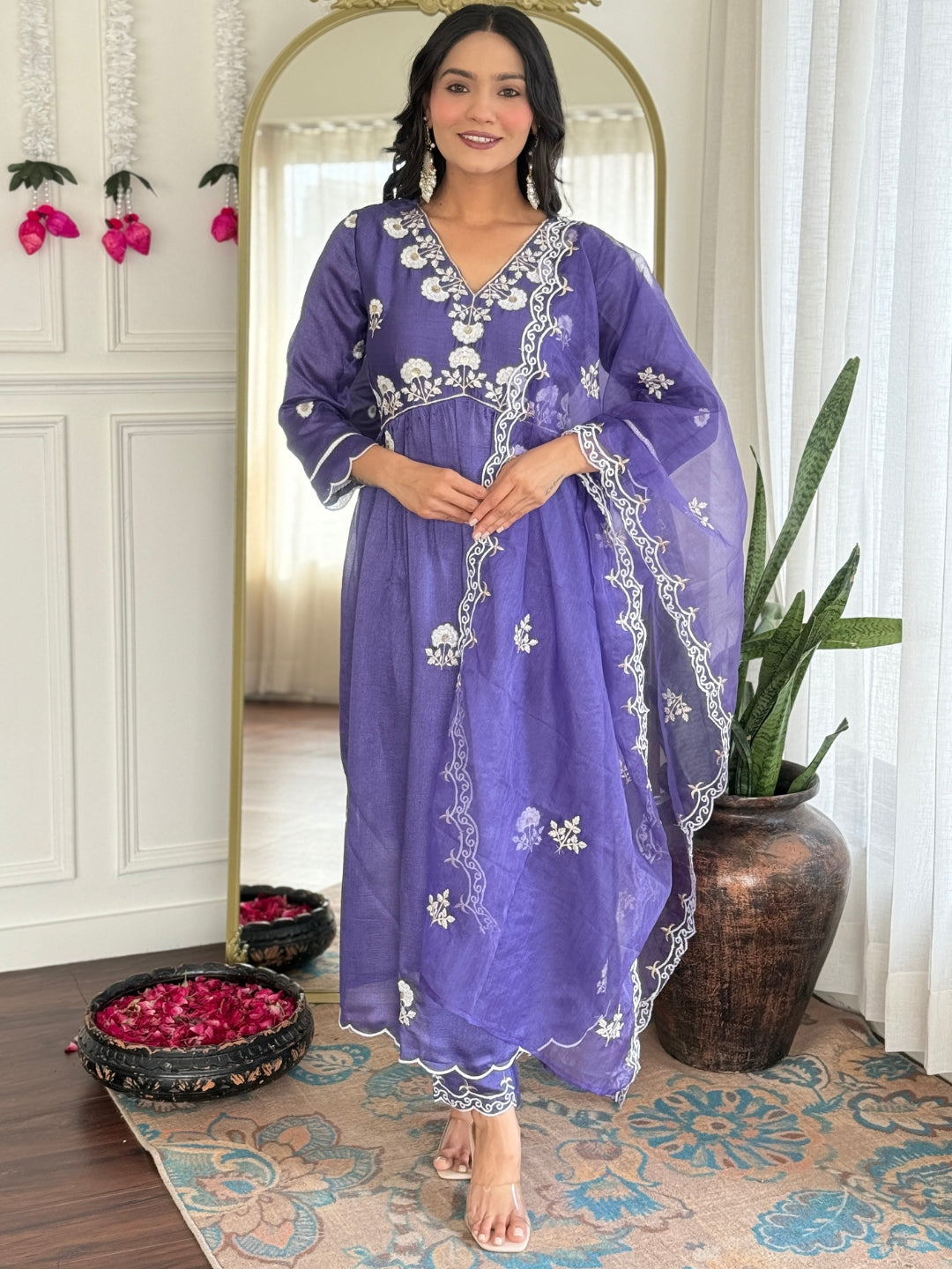 Embroidered Vichitra Silk Straight Kurta Set with Organza Dupatta