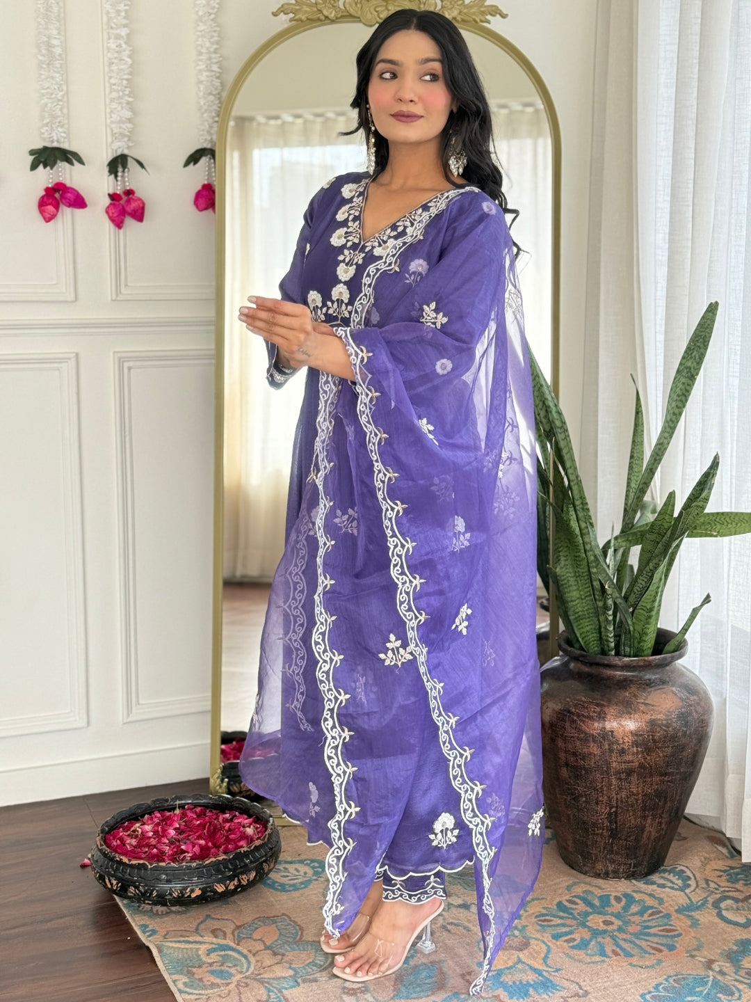 Embroidered Vichitra Silk Straight Kurta Set with Organza Dupatta