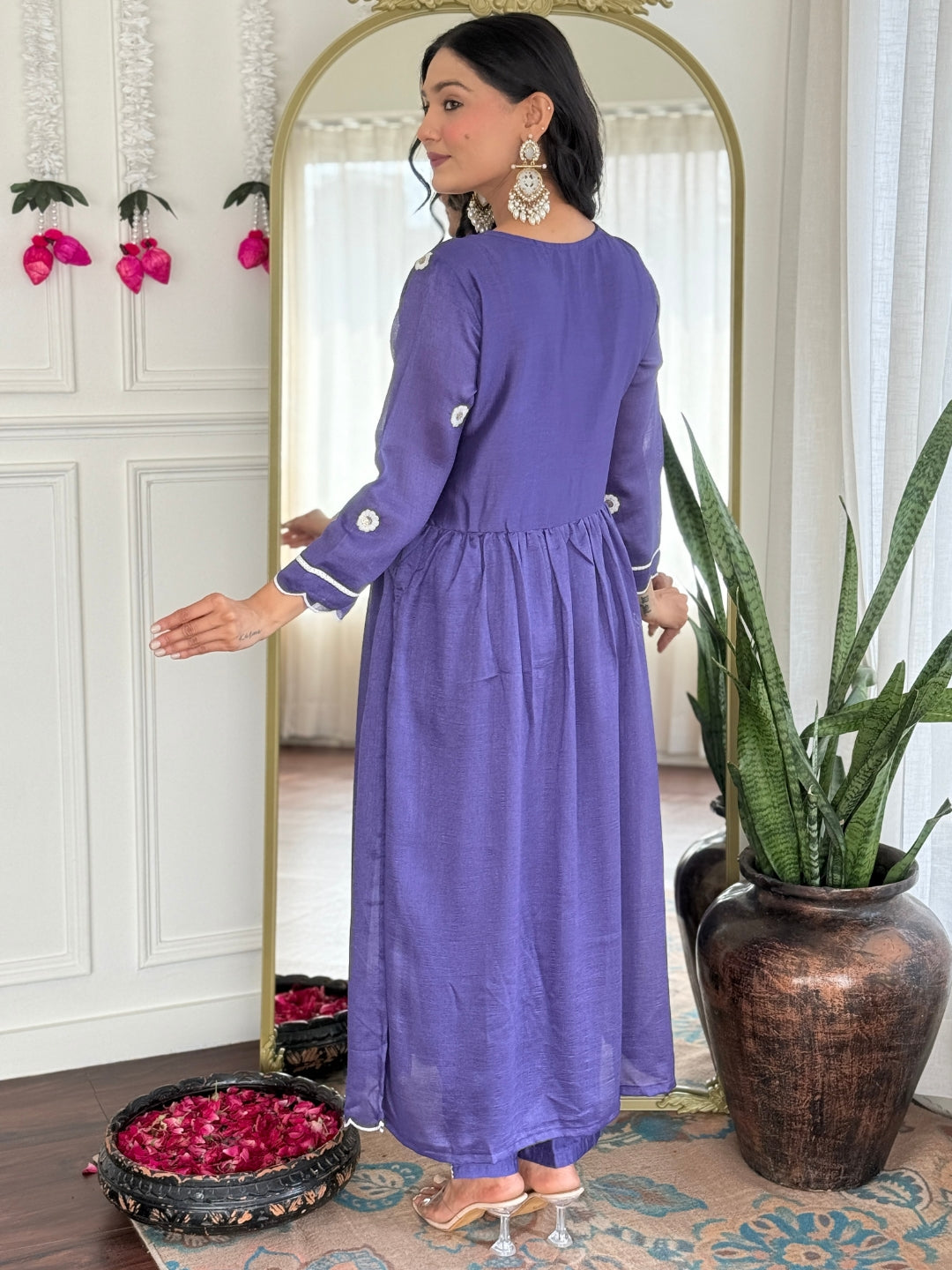 Embroidered Vichitra Silk Straight Kurta Set with Organza Dupatta