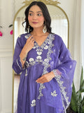 Embroidered Vichitra Silk Straight Kurta Set with Organza Dupatta