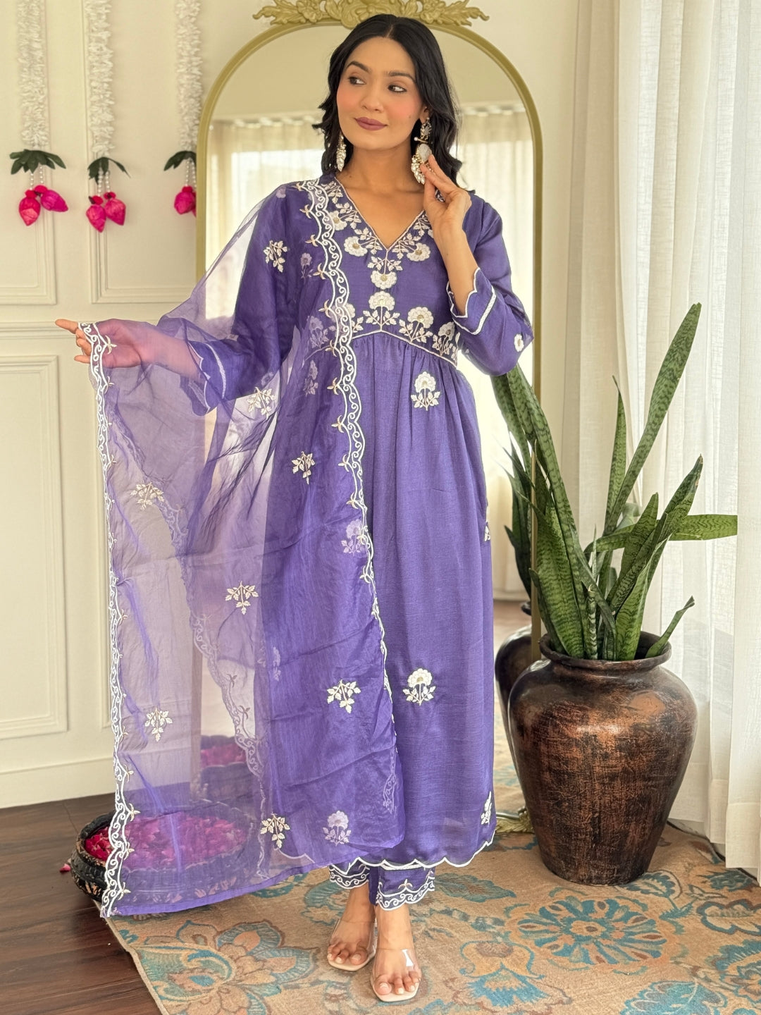 Embroidered Vichitra Silk Straight Kurta Set with Organza Dupatta