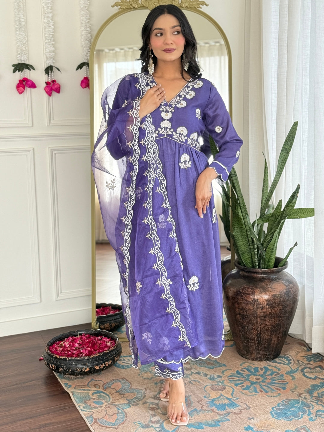 Embroidered Vichitra Silk Straight Kurta Set with Organza Dupatta