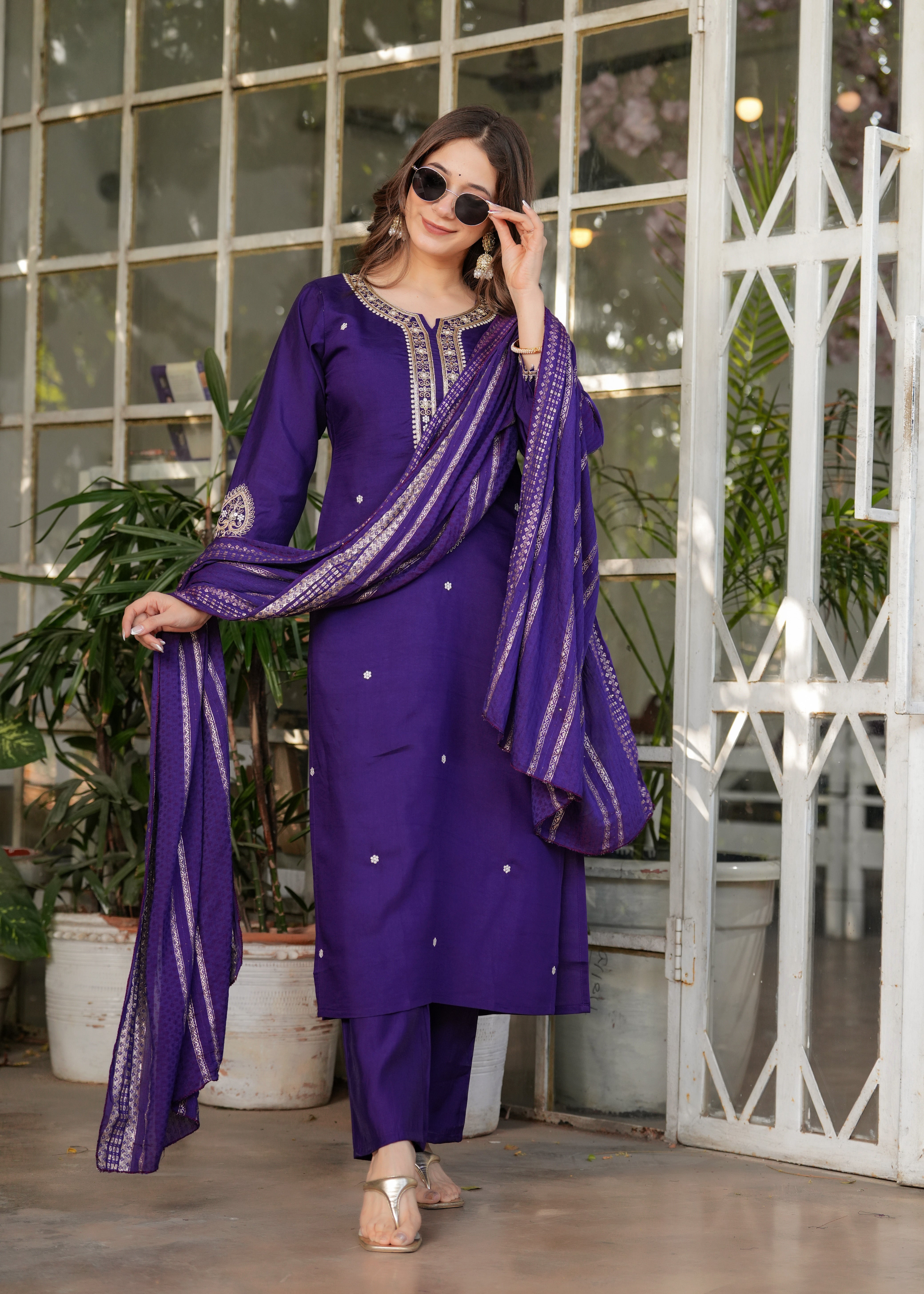 Women Viscose Chanderi Embroidered Kurta Set with Jacquard Dupatta – Festive Ethnic Wear
