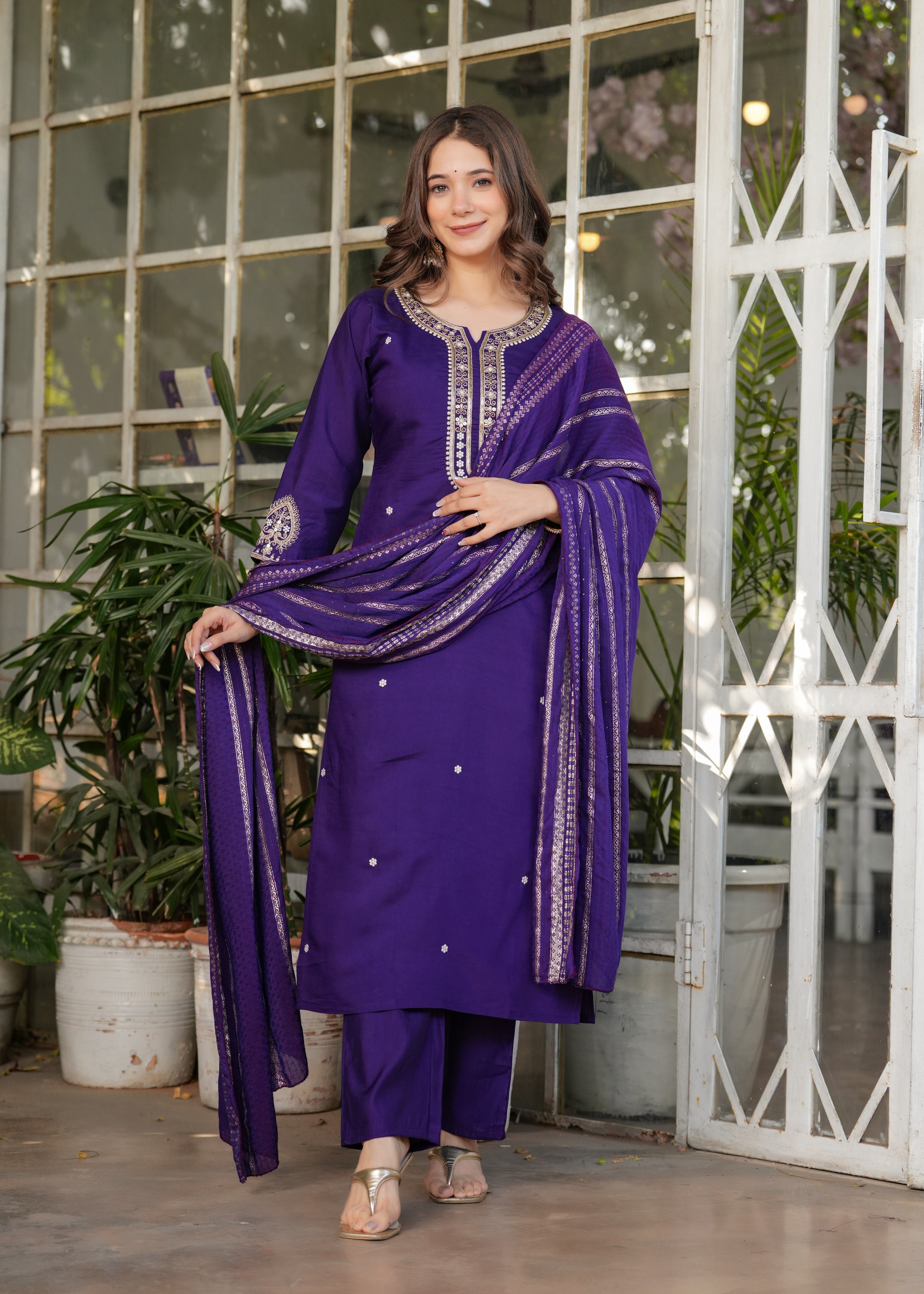 Women Viscose Chanderi Embroidered Kurta Set with Jacquard Dupatta – Festive Ethnic Wear