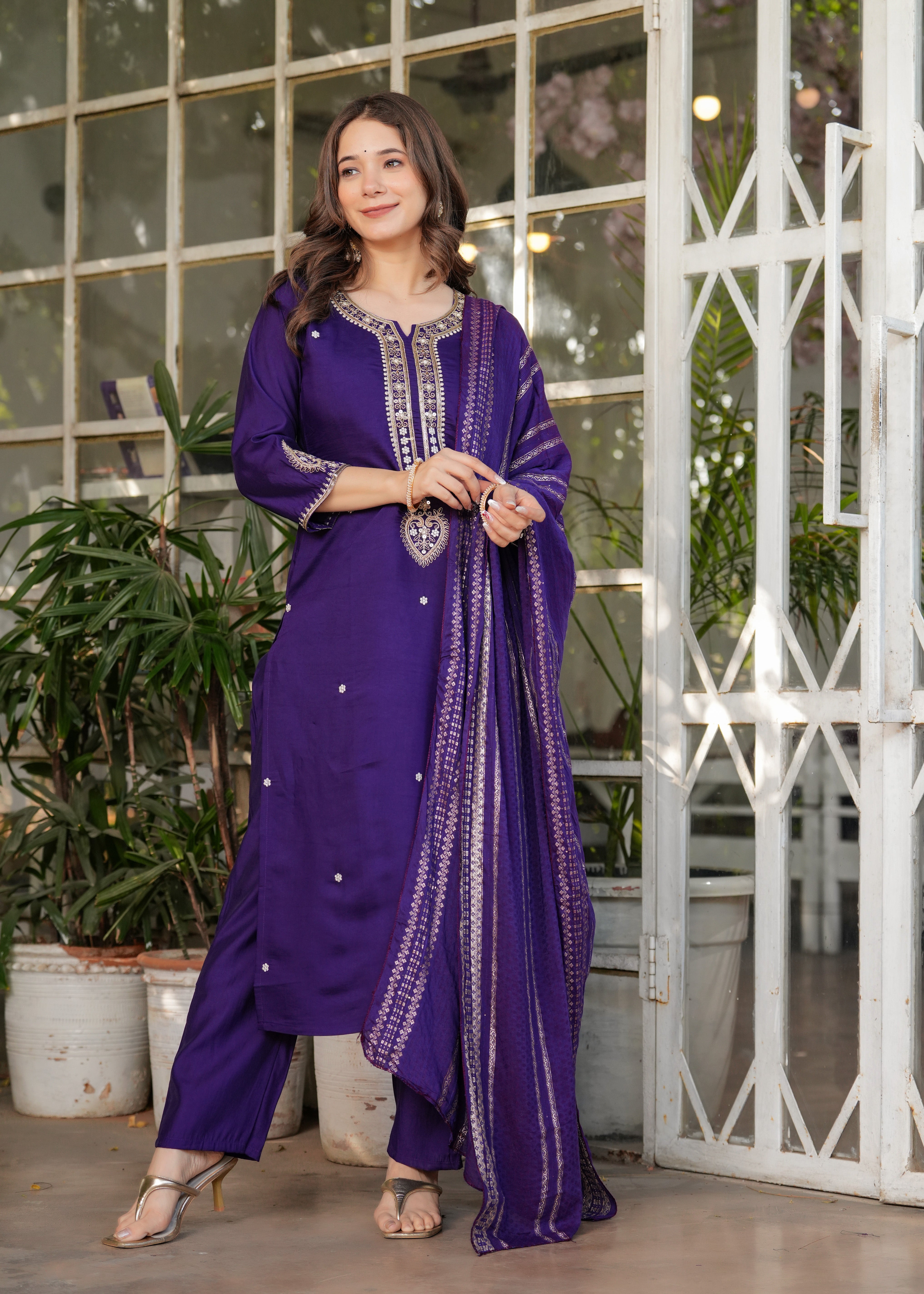 Women Viscose Chanderi Embroidered Kurta Set with Jacquard Dupatta – Festive Ethnic Wear