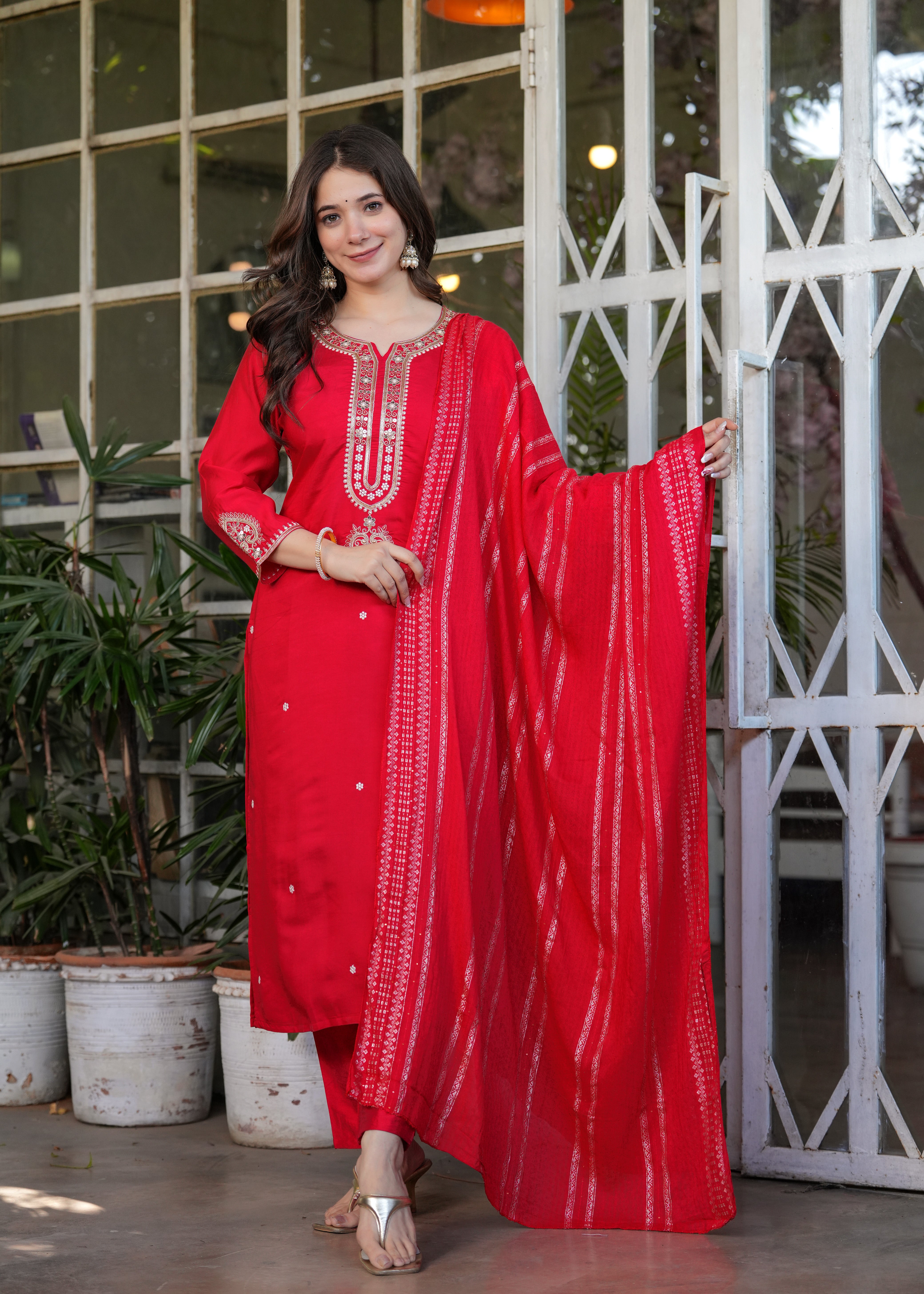 Women Viscose Chanderi Embroidered Kurta Set with Jacquard Dupatta – Festive Ethnic Wear