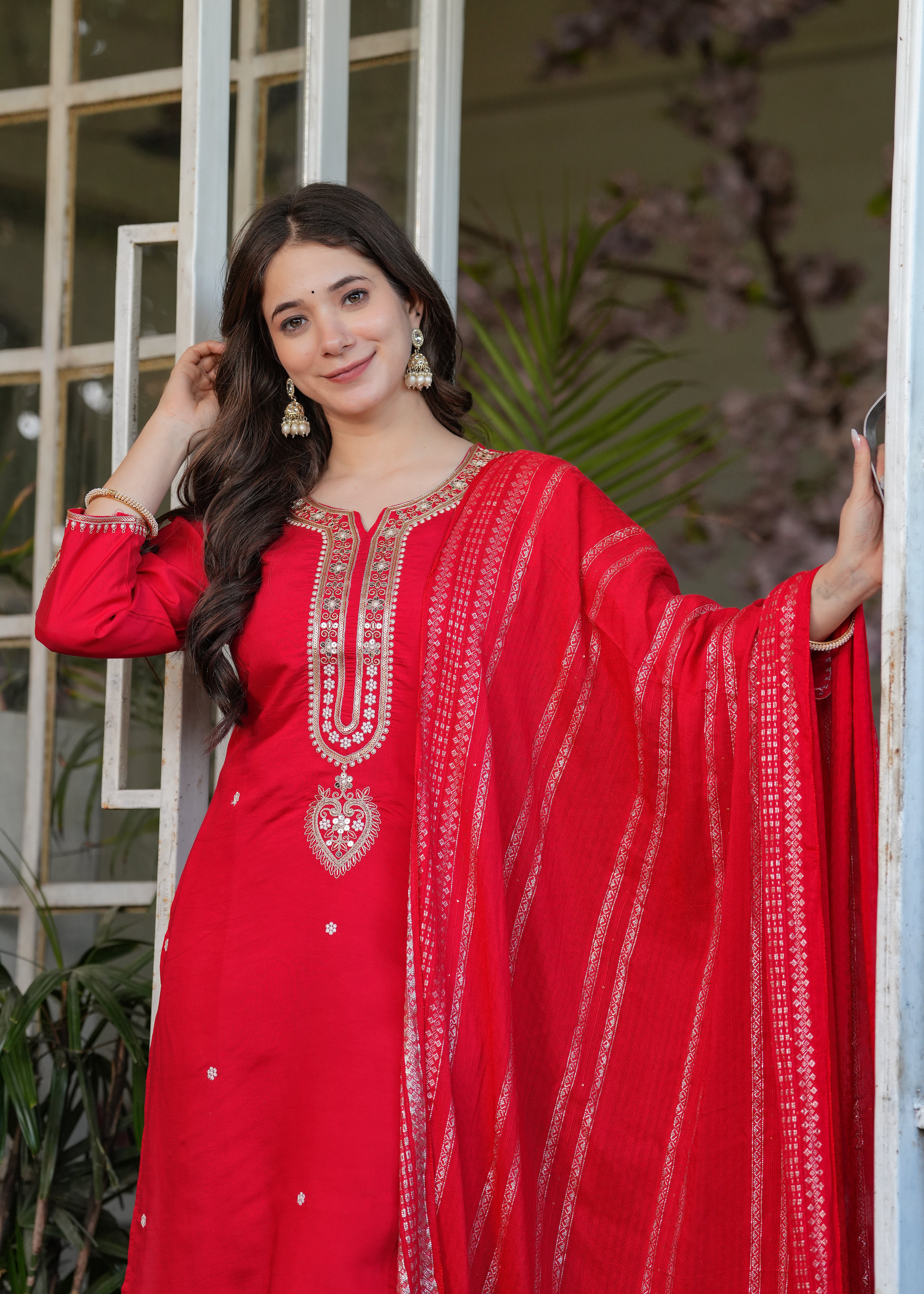 Women Viscose Chanderi Embroidered Kurta Set with Jacquard Dupatta – Festive Ethnic Wear