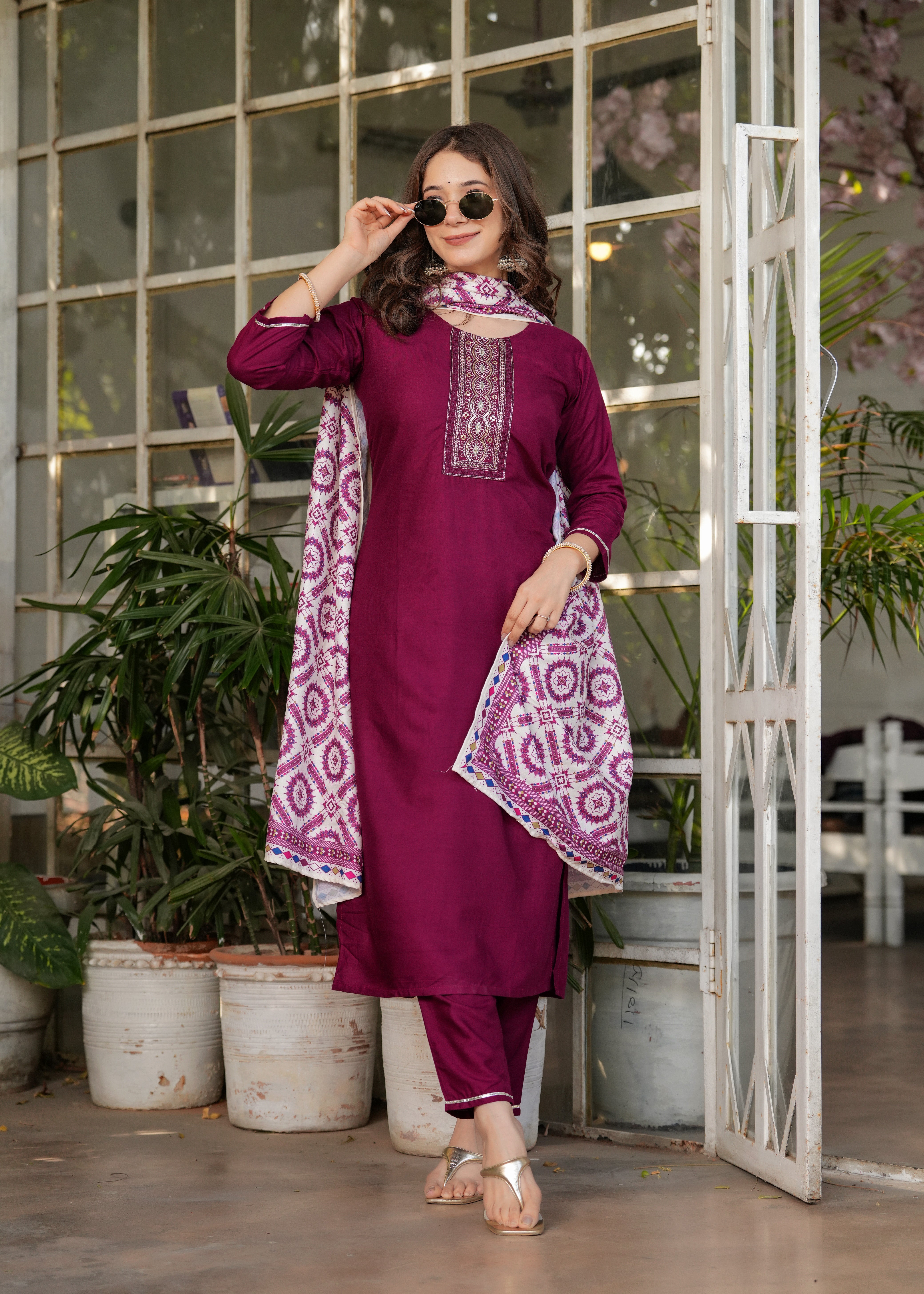 Rayon Embroidered Kurta Set with Muslin Printed Dupatta – Elegant Ethnic Wear