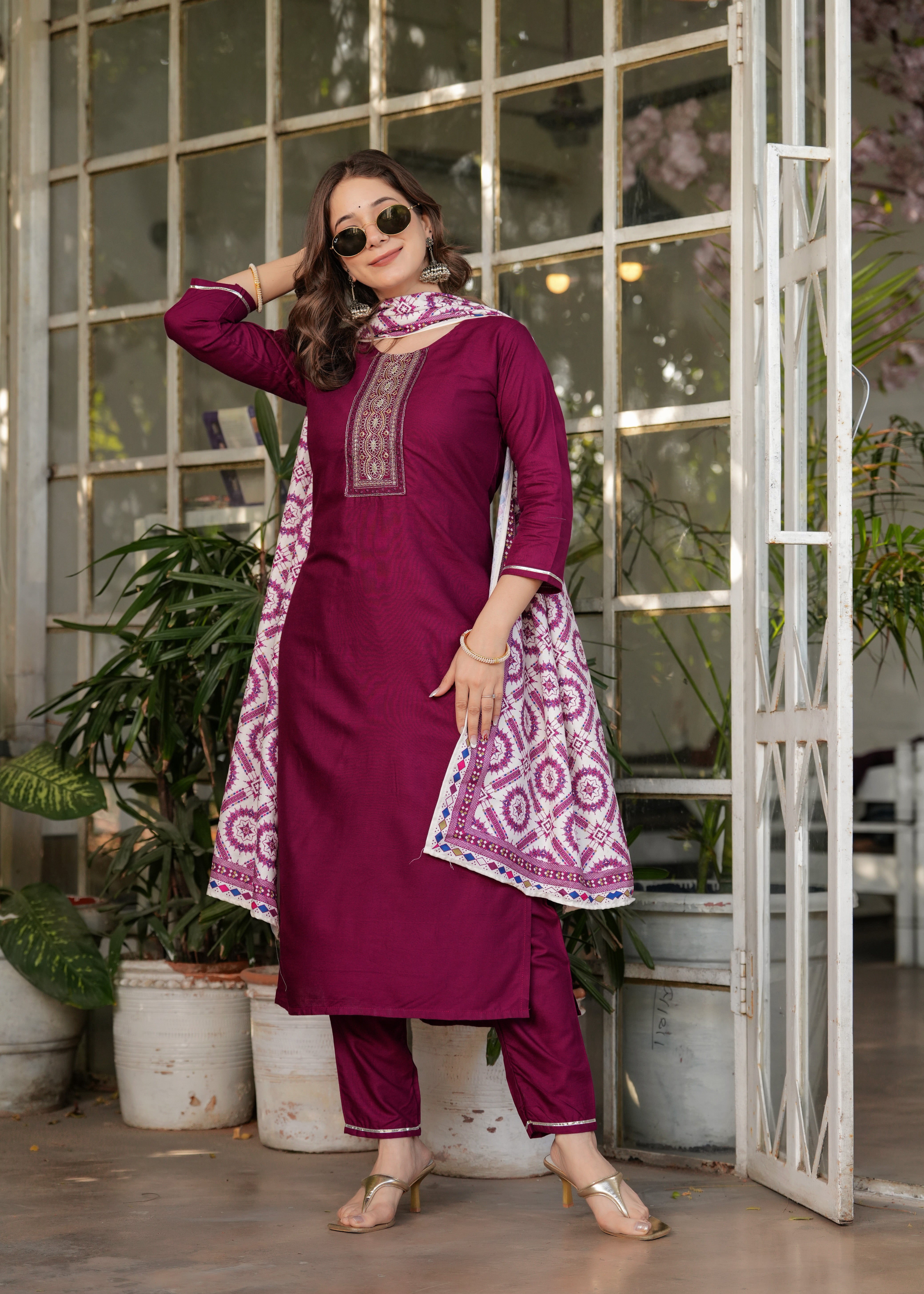 Rayon Embroidered Kurta Set with Muslin Printed Dupatta – Elegant Ethnic Wear