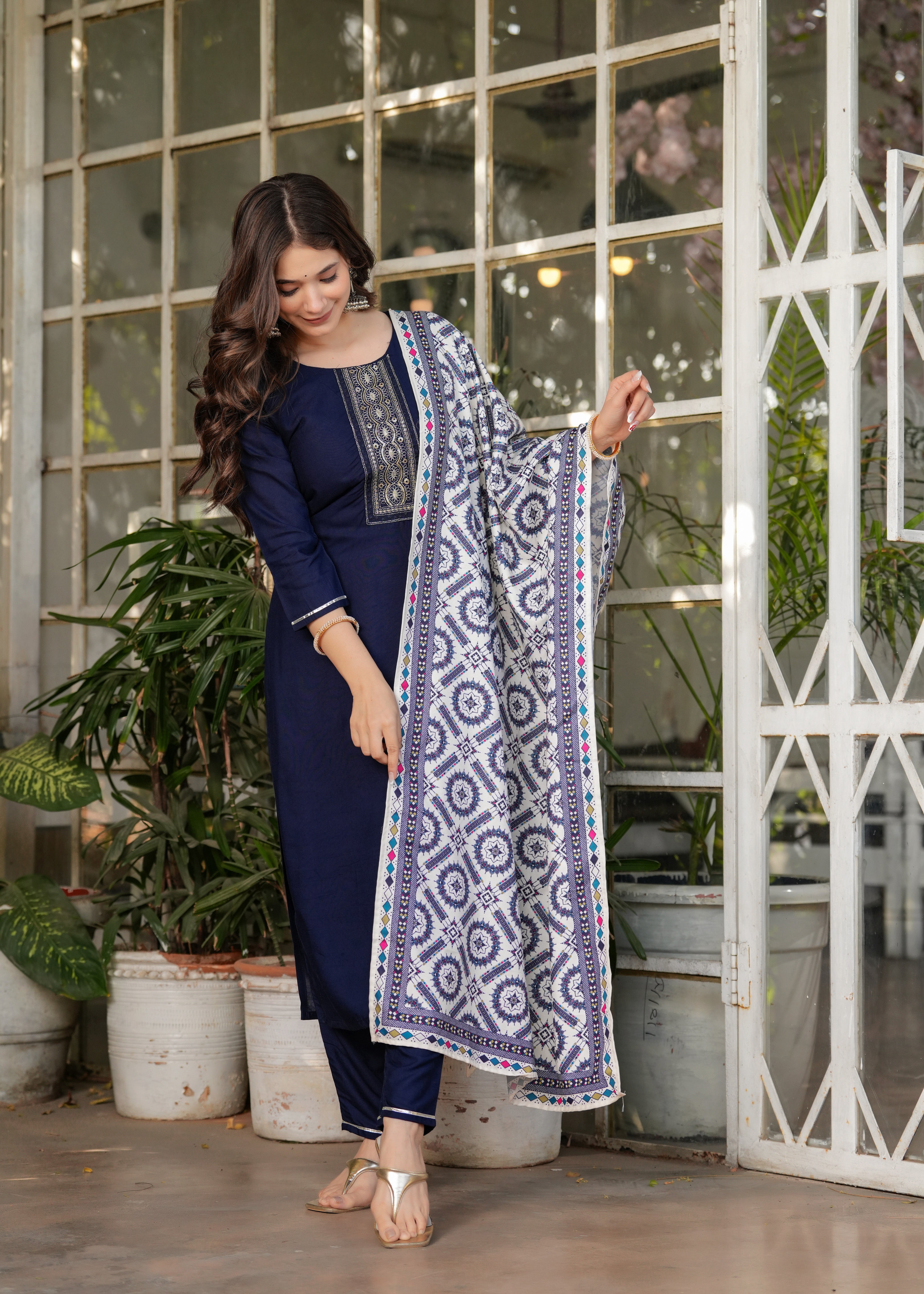 Rayon Embroidered Kurta Set with Muslin Printed Dupatta – Elegant Ethnic Wear