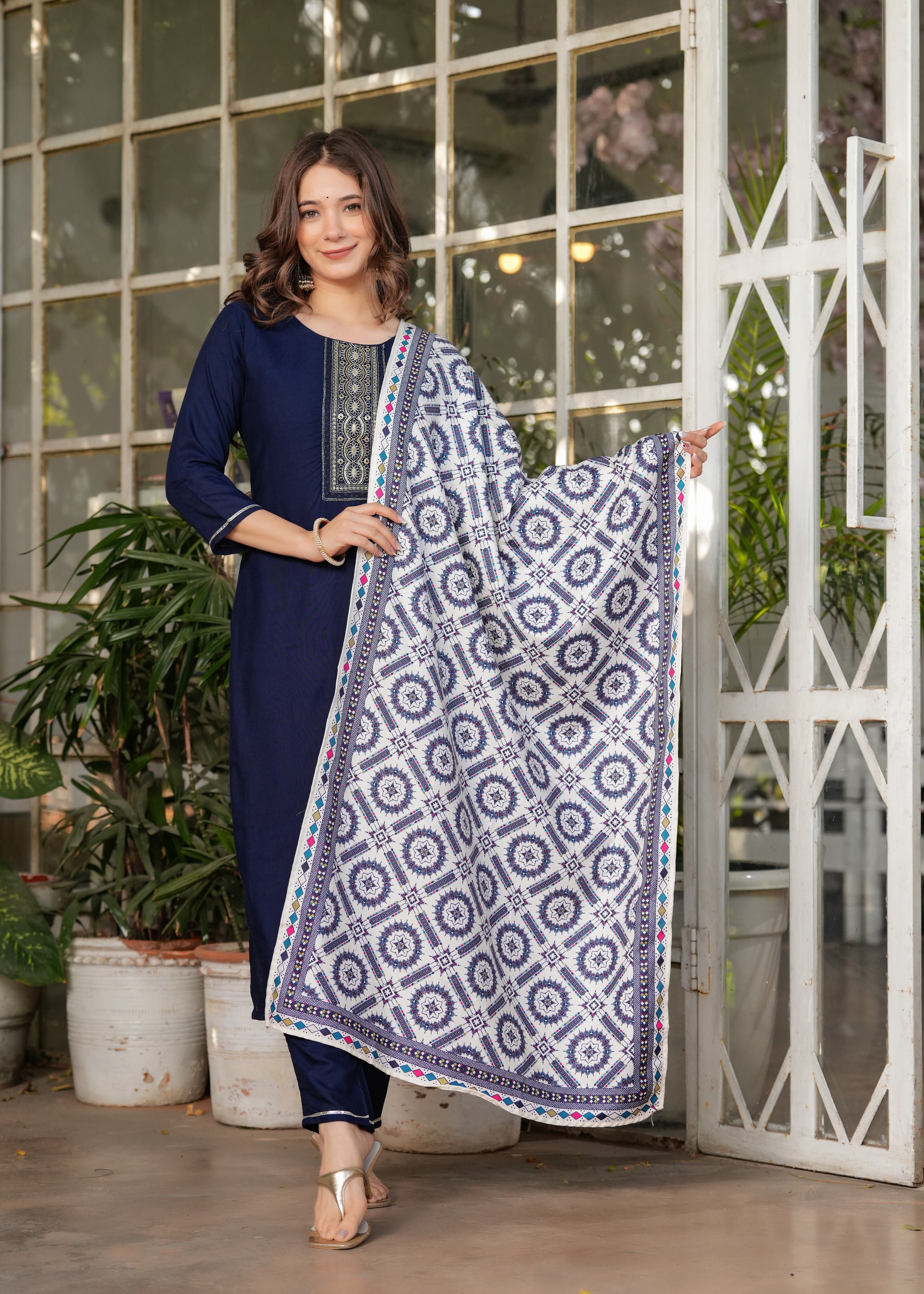 Rayon Embroidered Kurta Set with Muslin Printed Dupatta – Elegant Ethnic Wear