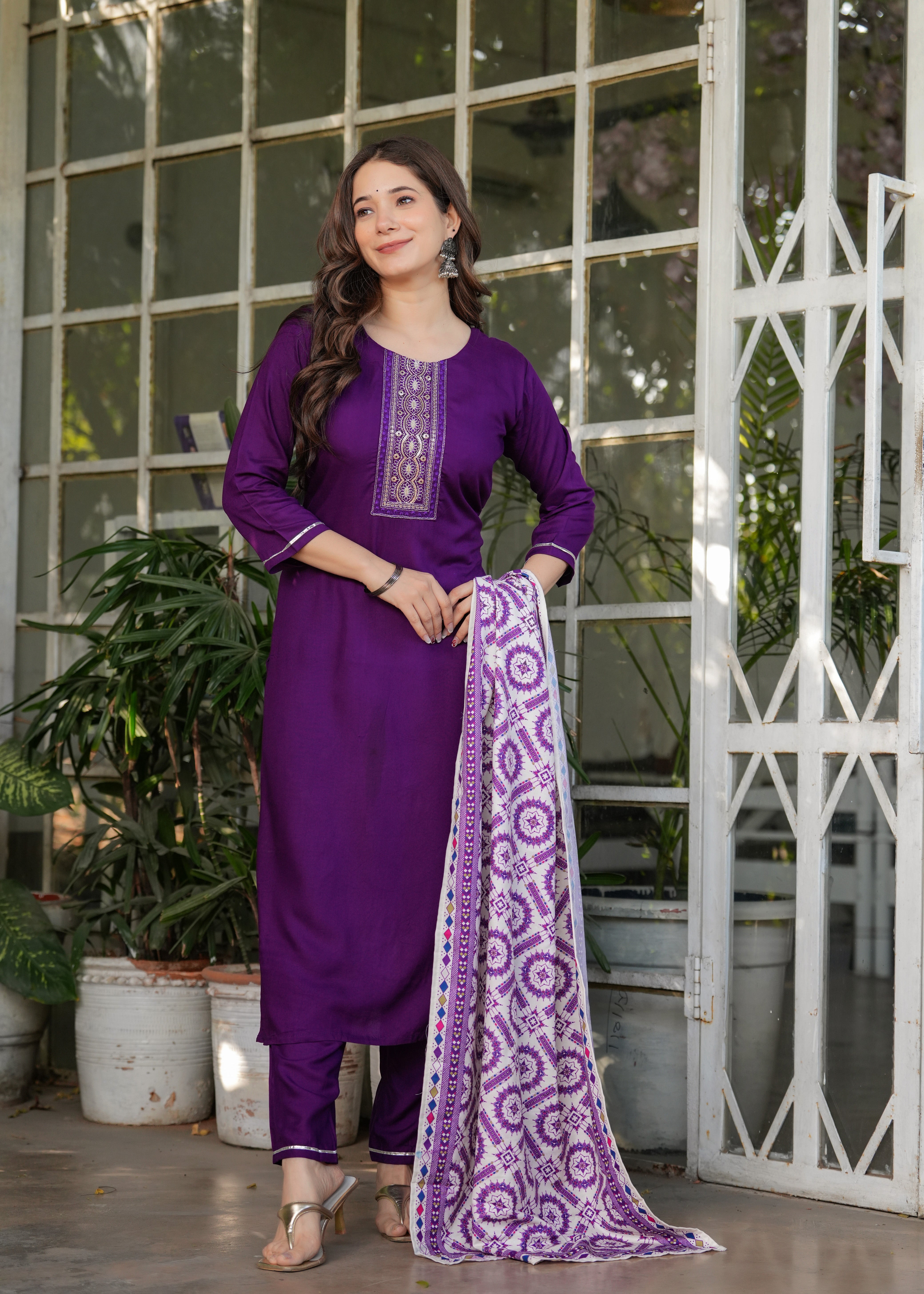 Rayon Embroidered Kurta Set with Muslin Printed Dupatta – Elegant Ethnic Wear