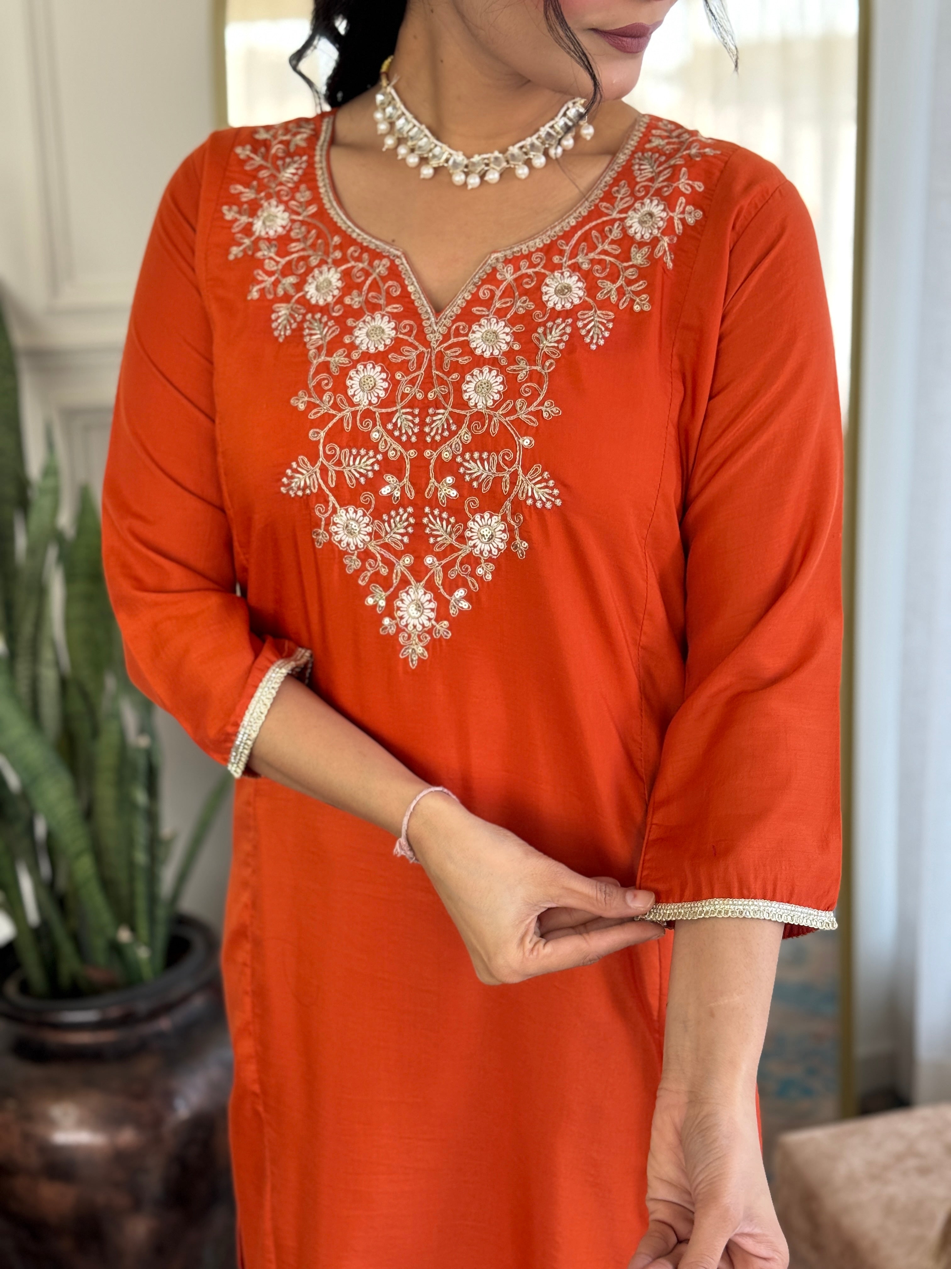 Women Viscose Chinon Embroidered Kurta Set with Chanderi Dupatta – Festive Ethnic Wear