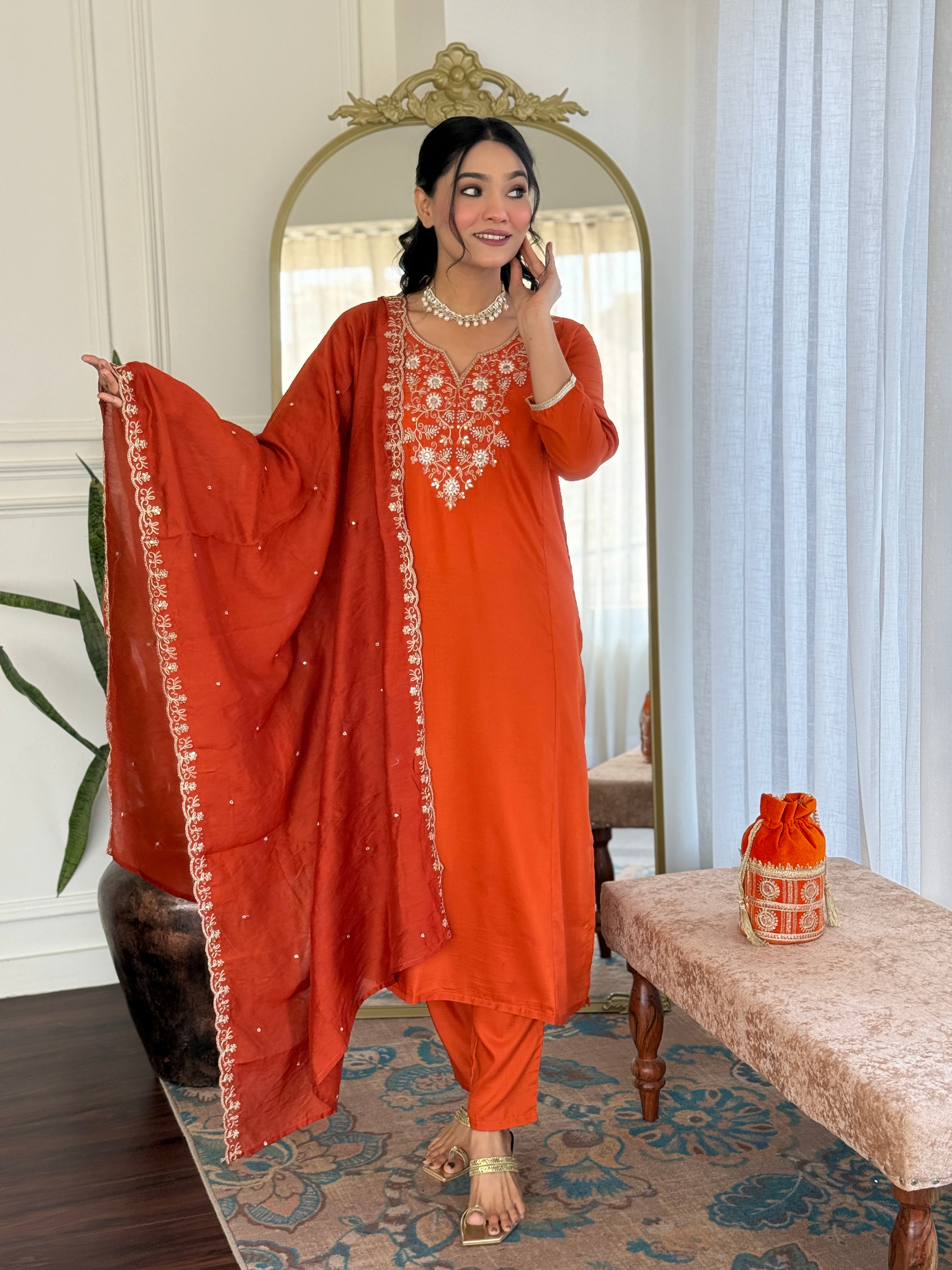 Women Viscose Chinon Embroidered Kurta Set with Chanderi Dupatta – Festive Ethnic Wear