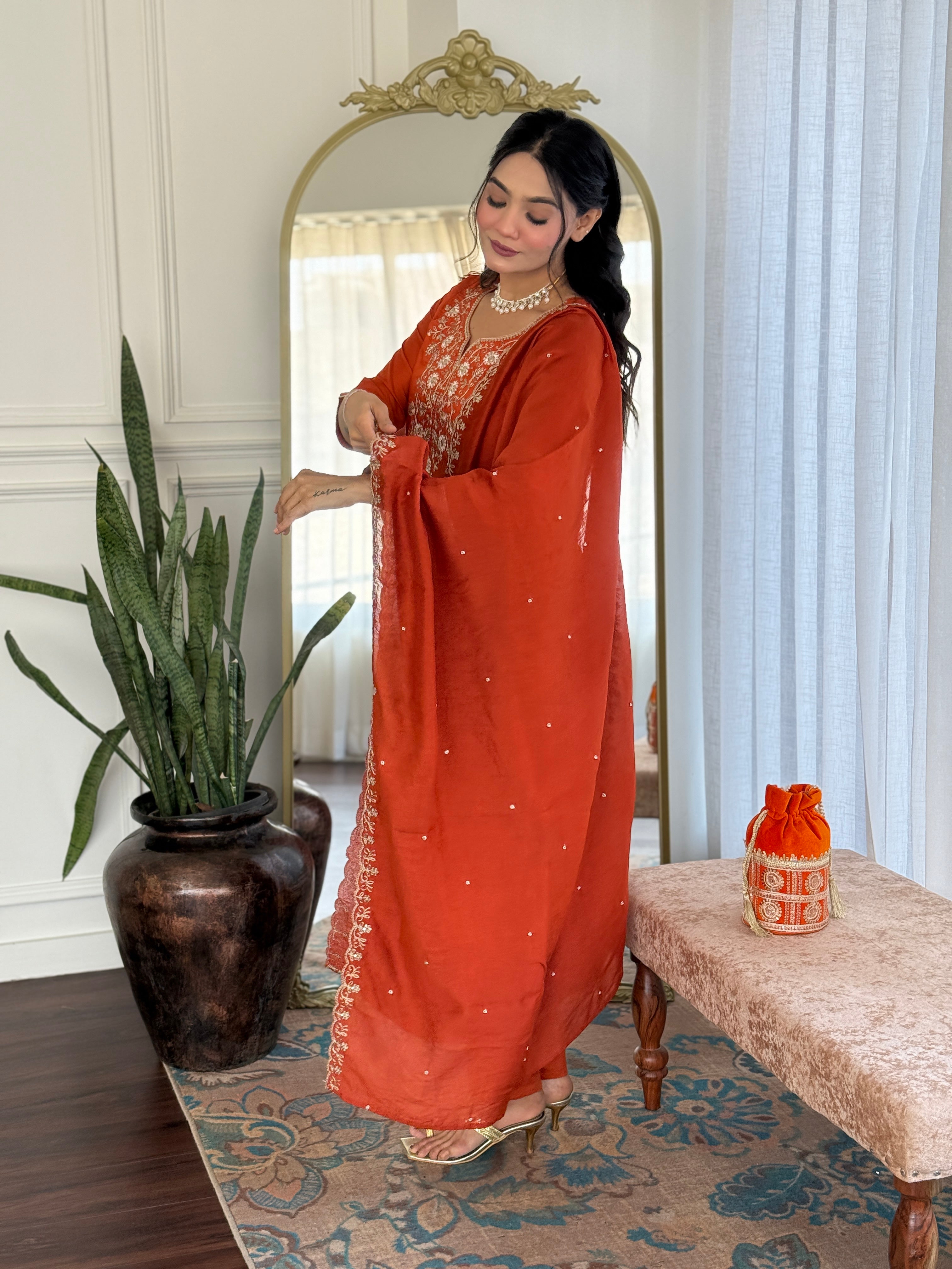 Women Viscose Chinon Embroidered Kurta Set with Chanderi Dupatta – Festive Ethnic Wear