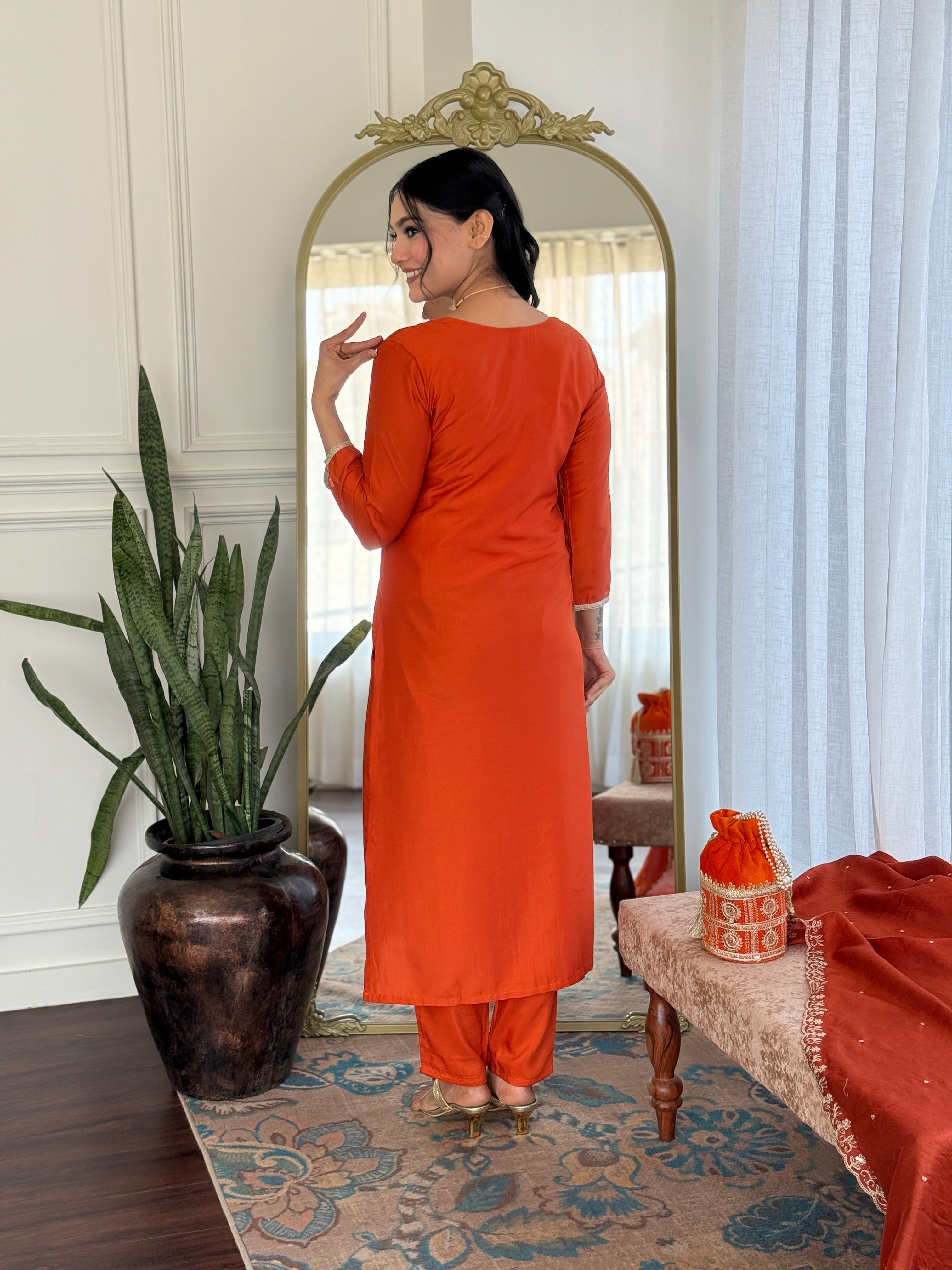 Women Viscose Chinon Embroidered Kurta Set with Chanderi Dupatta – Festive Ethnic Wear