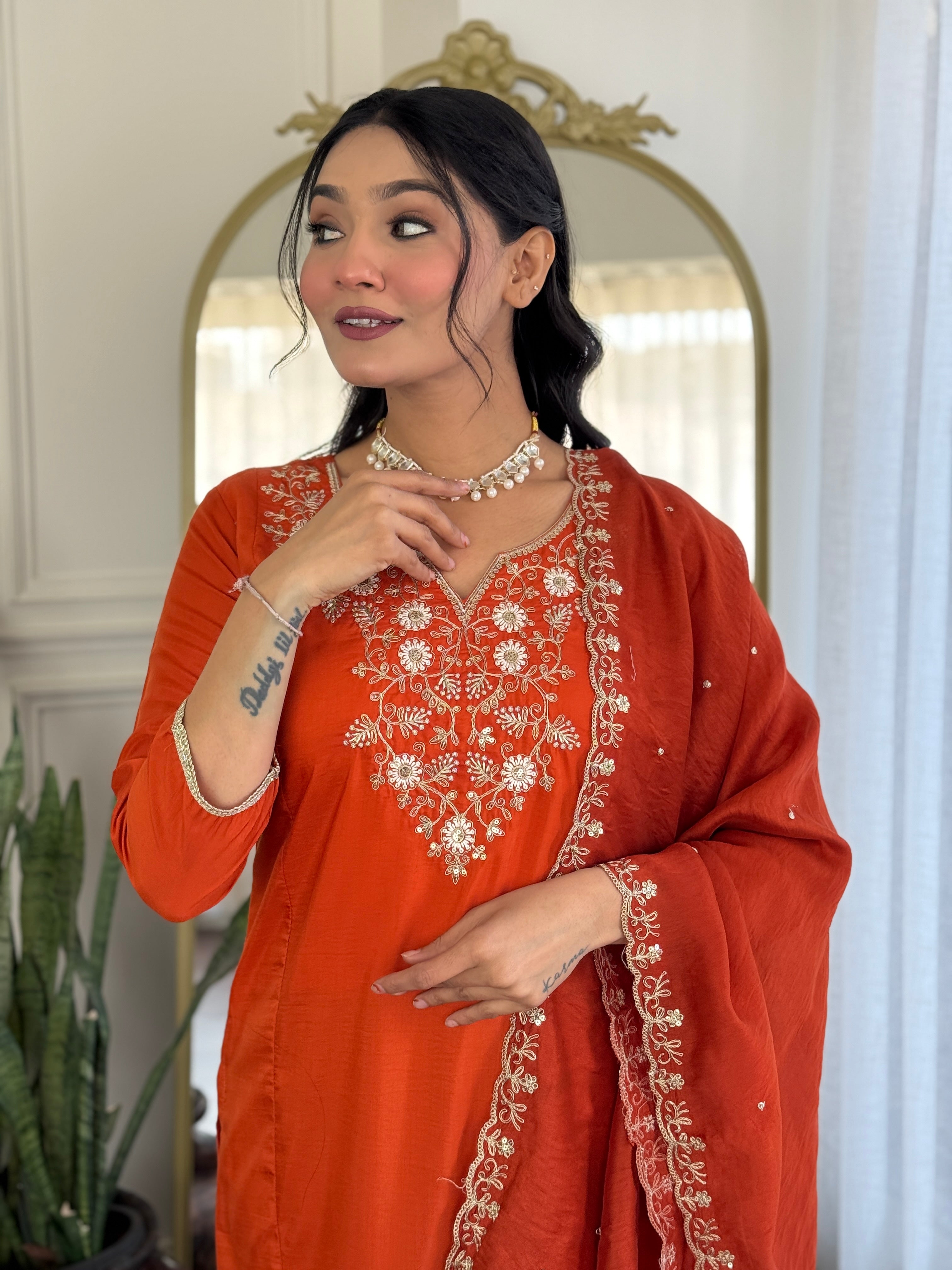 Women Viscose Chinon Embroidered Kurta Set with Chanderi Dupatta – Festive Ethnic Wear