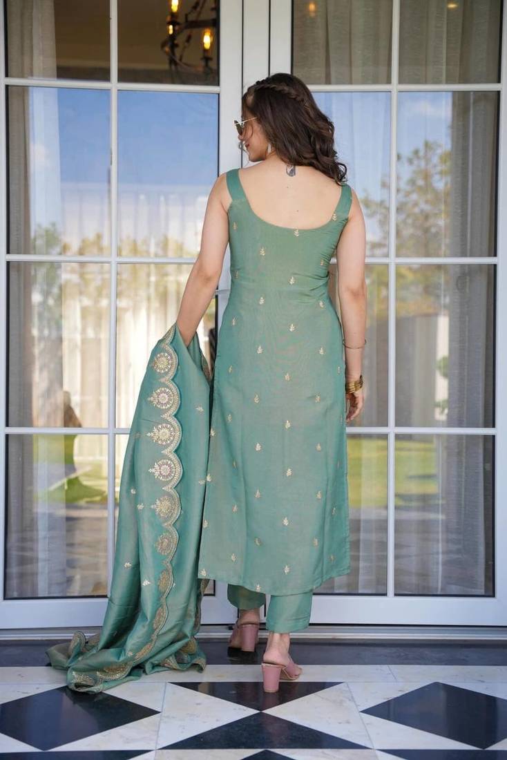 Women Viscose Zari Chanderi Embroidered Kurta Set with Dupatta – Elegant Ethnic Wear