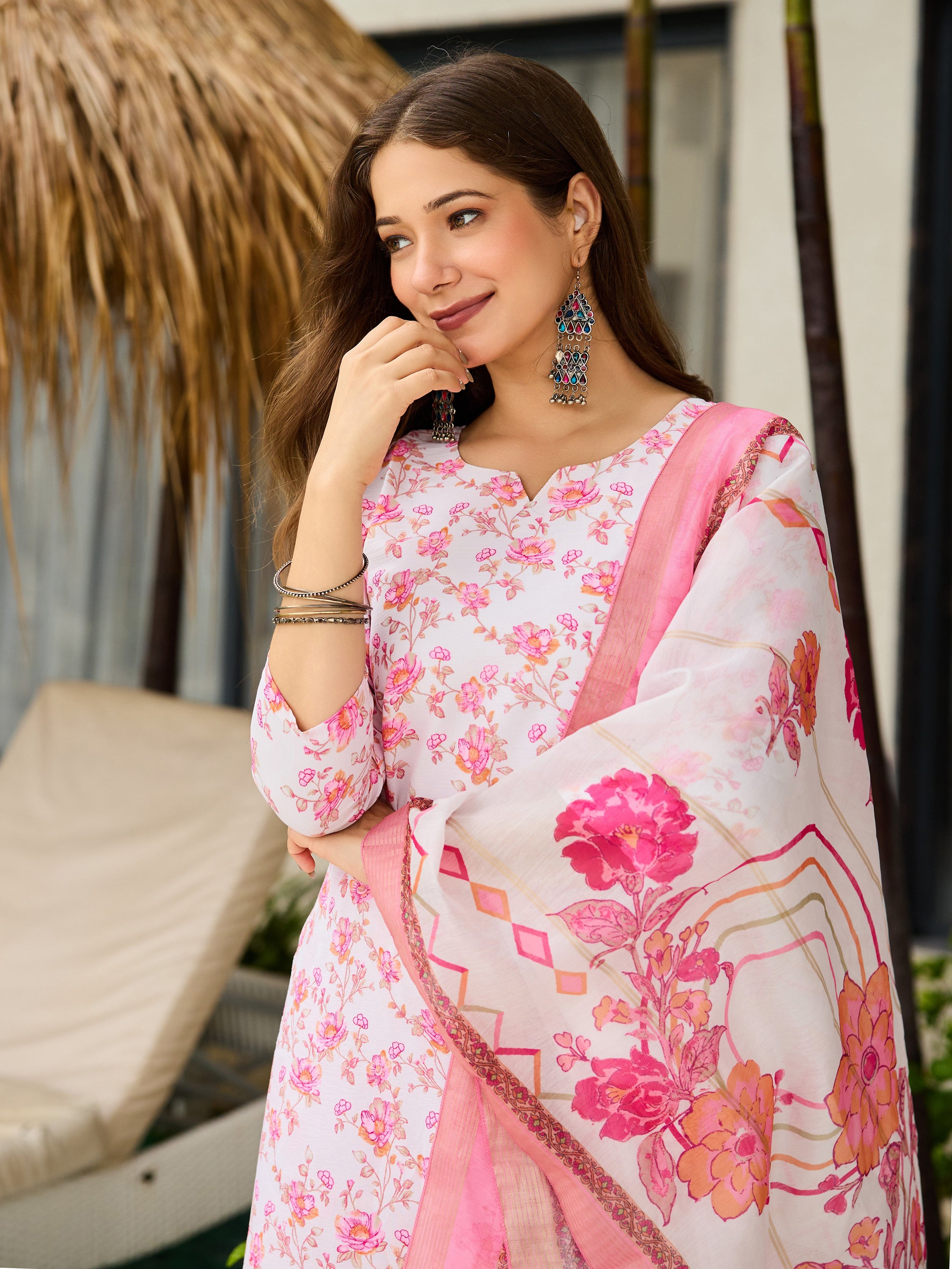 Floral Printed Silk Blend Kurti Set with Organza Dupatta – 3 Piece Ethnic Wear