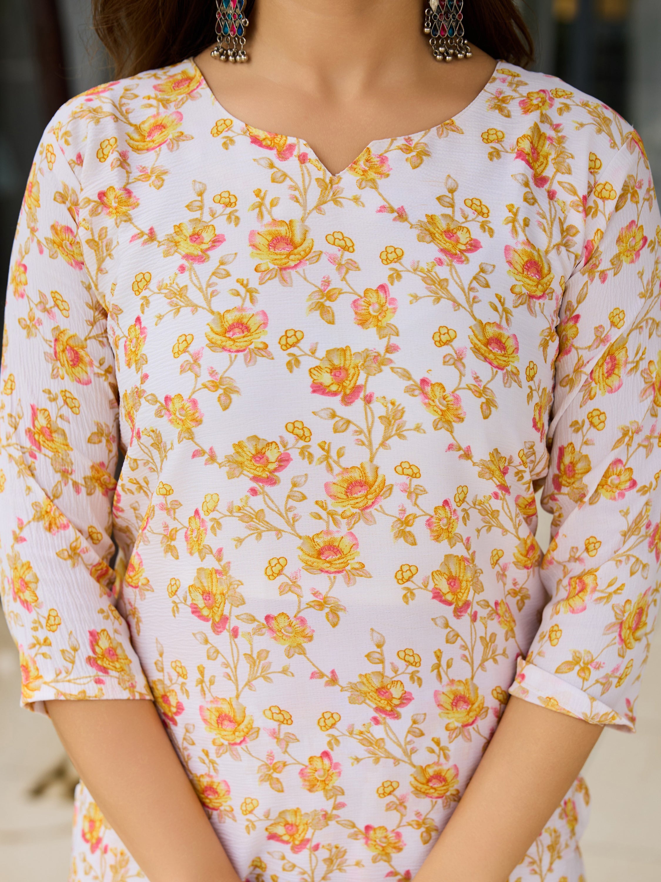 Floral Printed Silk Blend Kurti Set with Organza Dupatta – 3 Piece Ethnic Wear