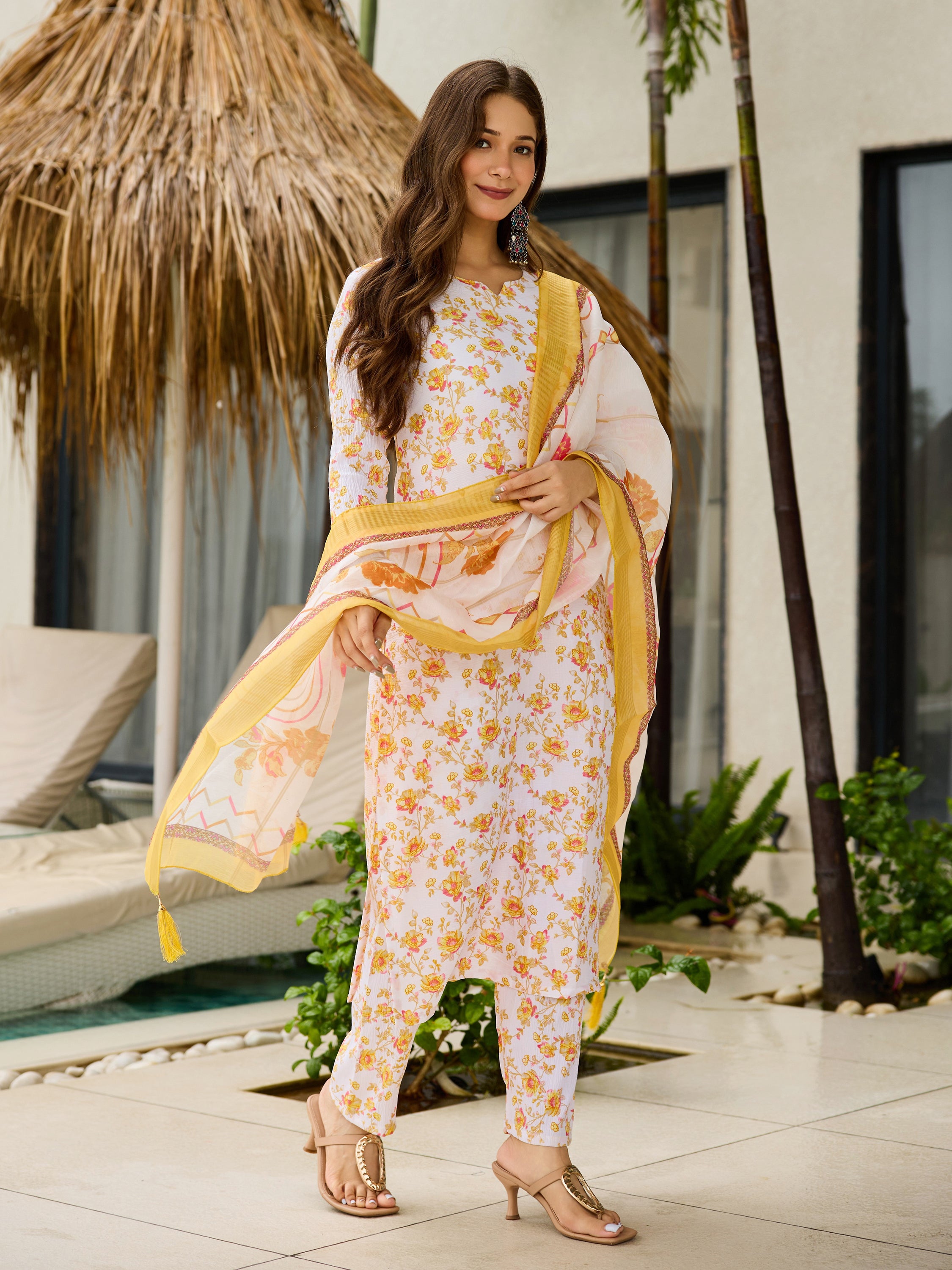 Floral Printed Silk Blend Kurti Set with Organza Dupatta – 3 Piece Ethnic Wear