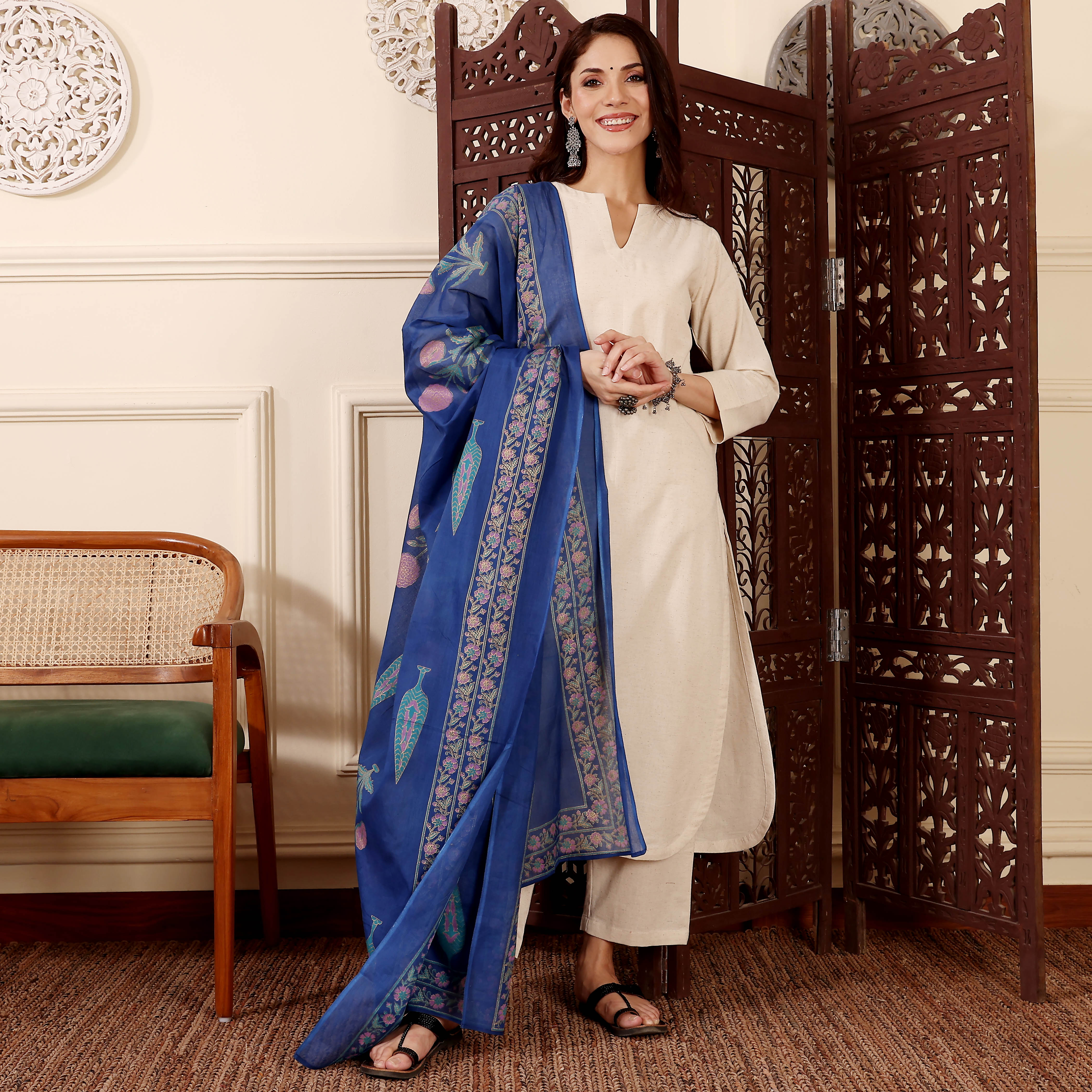 Chanderi Silk Kurta Set with Printed Chanderi Dupatta