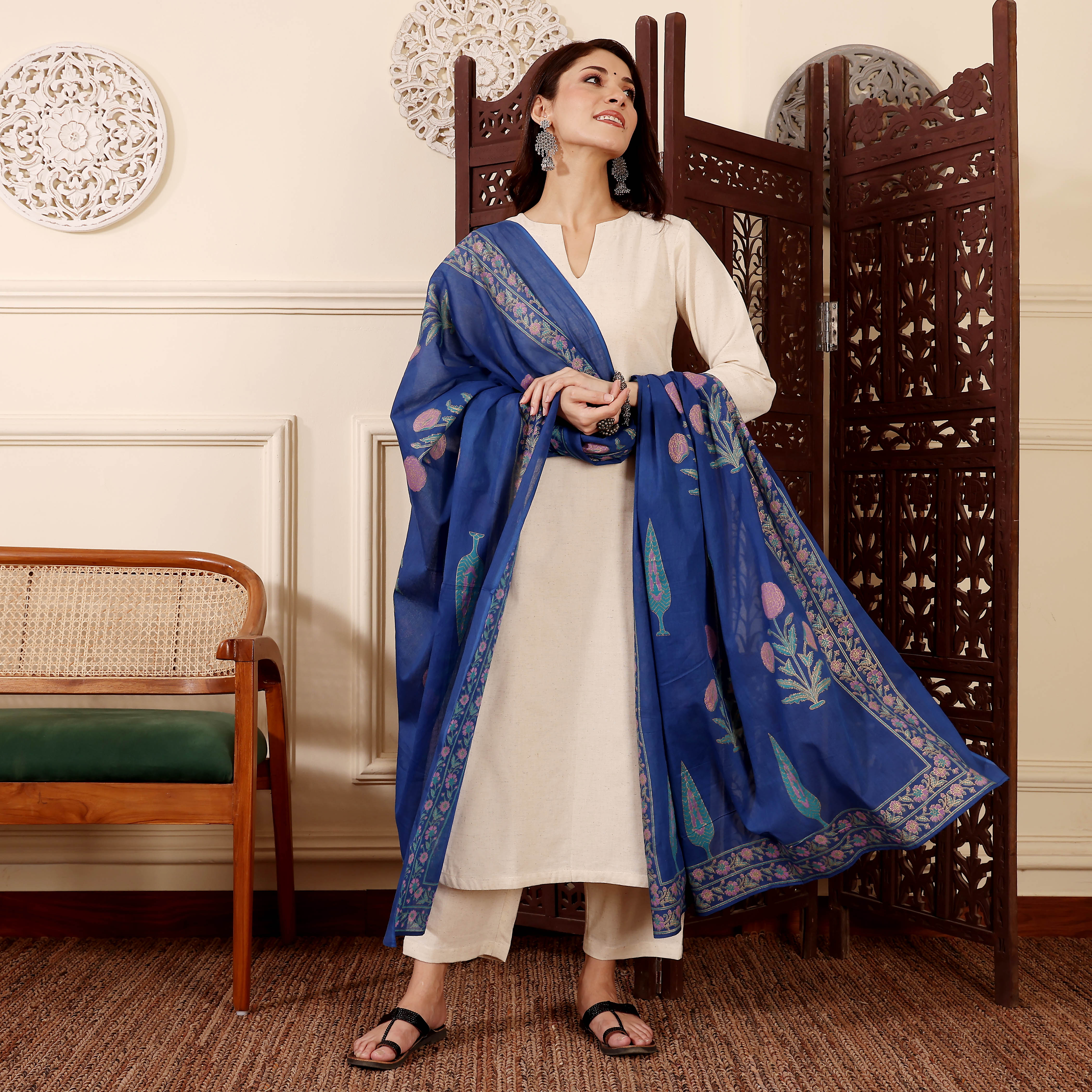 Chanderi Silk Kurta Set with Printed Chanderi Dupatta