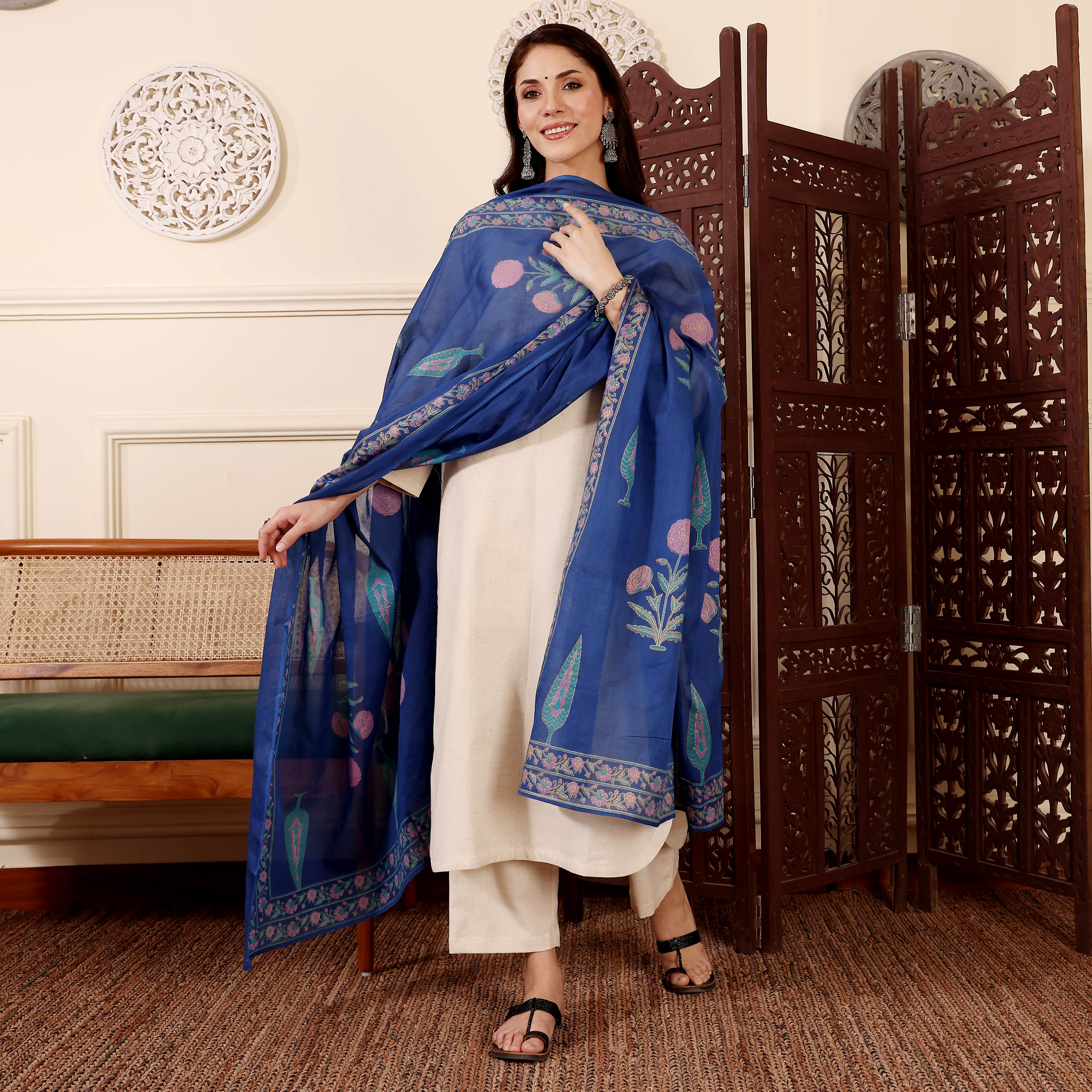 Chanderi Silk Kurta Set with Printed Chanderi Dupatta