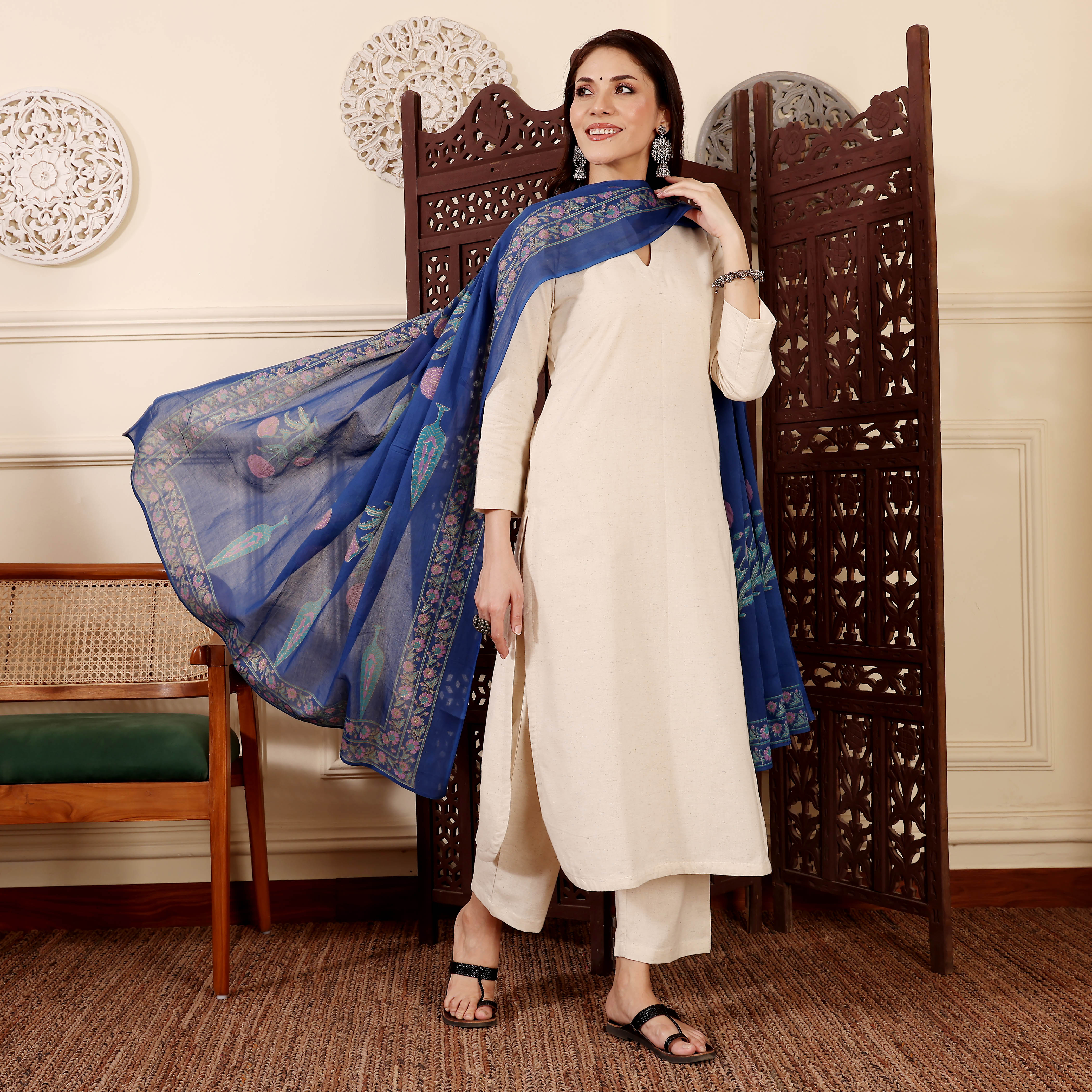 Chanderi Silk Kurta Set with Printed Chanderi Dupatta