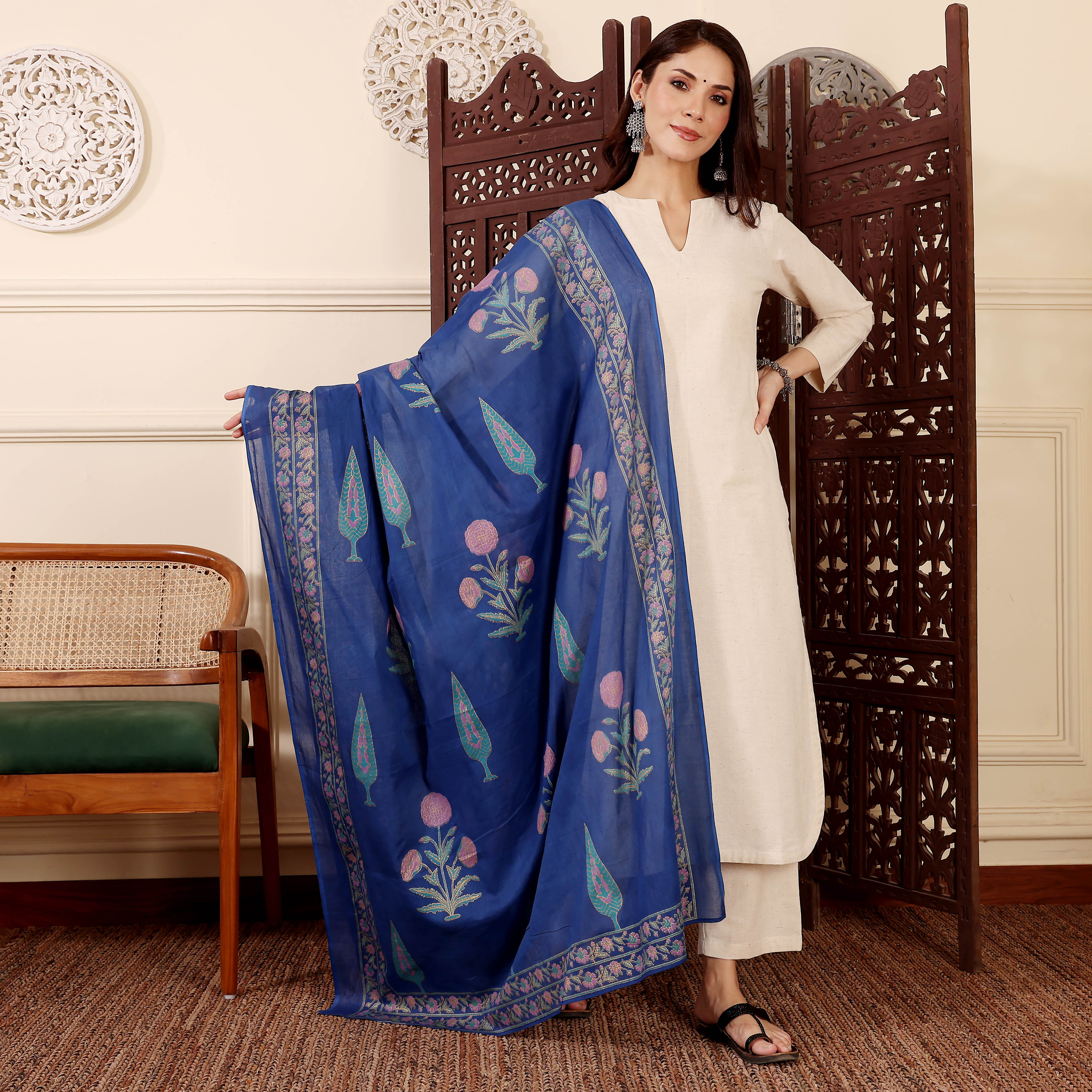 Chanderi Silk Kurta Set with Printed Chanderi Dupatta