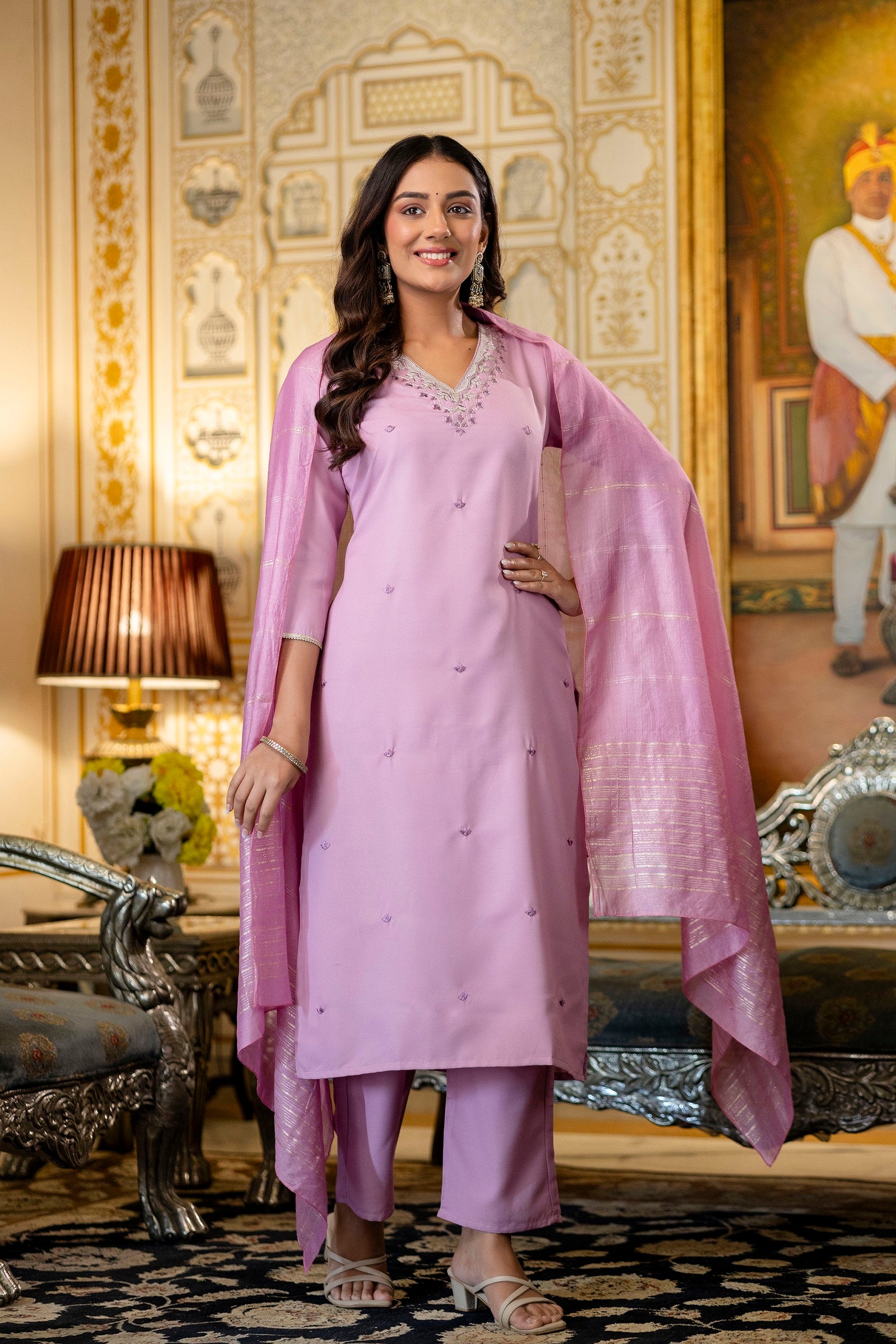 Lavender Embroidered Viscose Rayon Kurta Set with Chanderi Cotton Dupatta