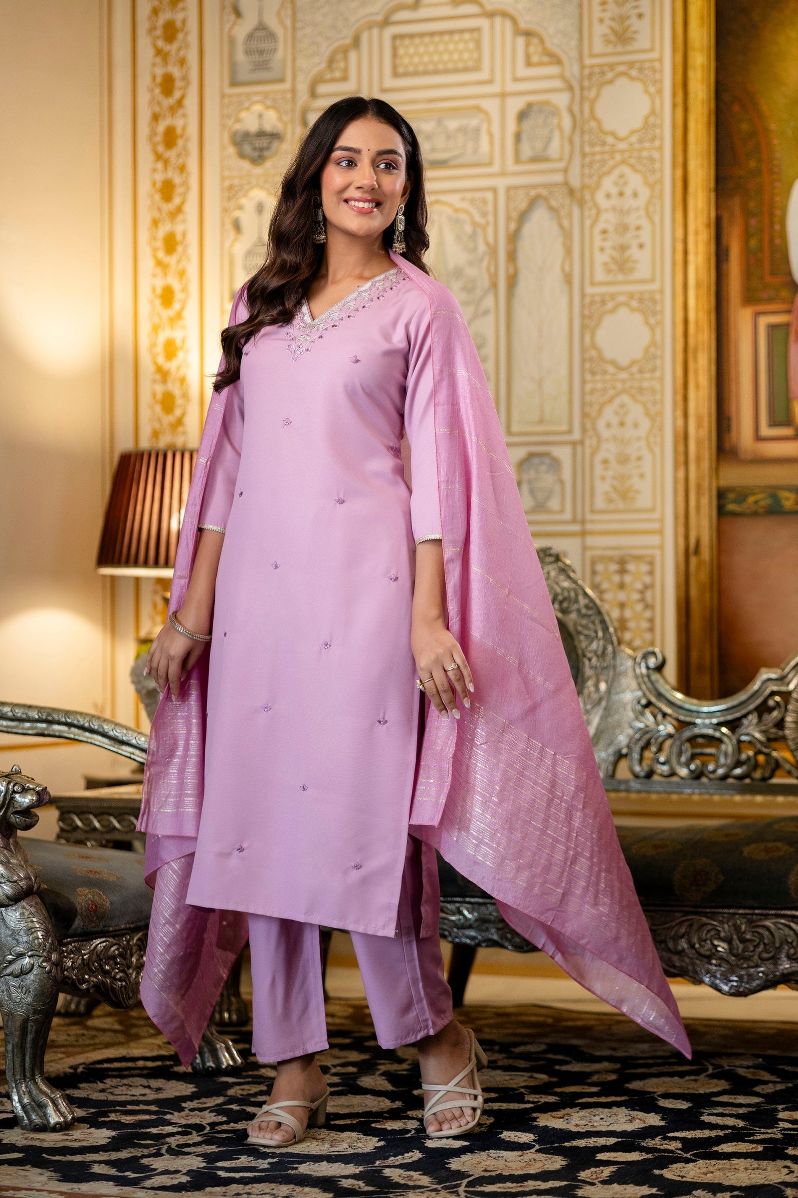 Lavender Embroidered Viscose Rayon Kurta Set with Chanderi Cotton Dupatta