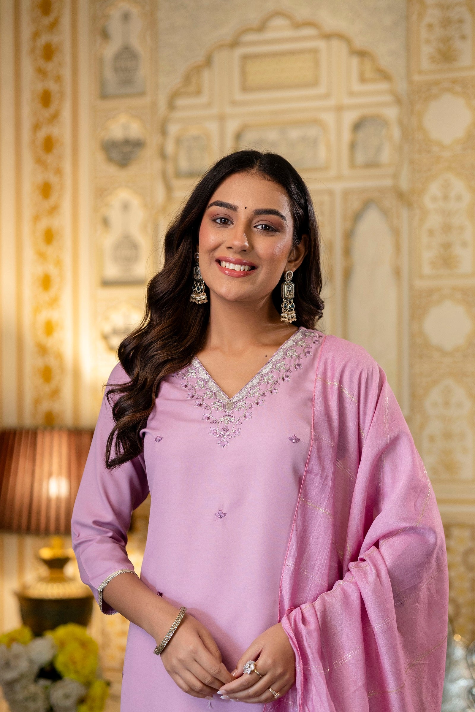 Lavender Embroidered Viscose Rayon Kurta Set with Chanderi Cotton Dupatta