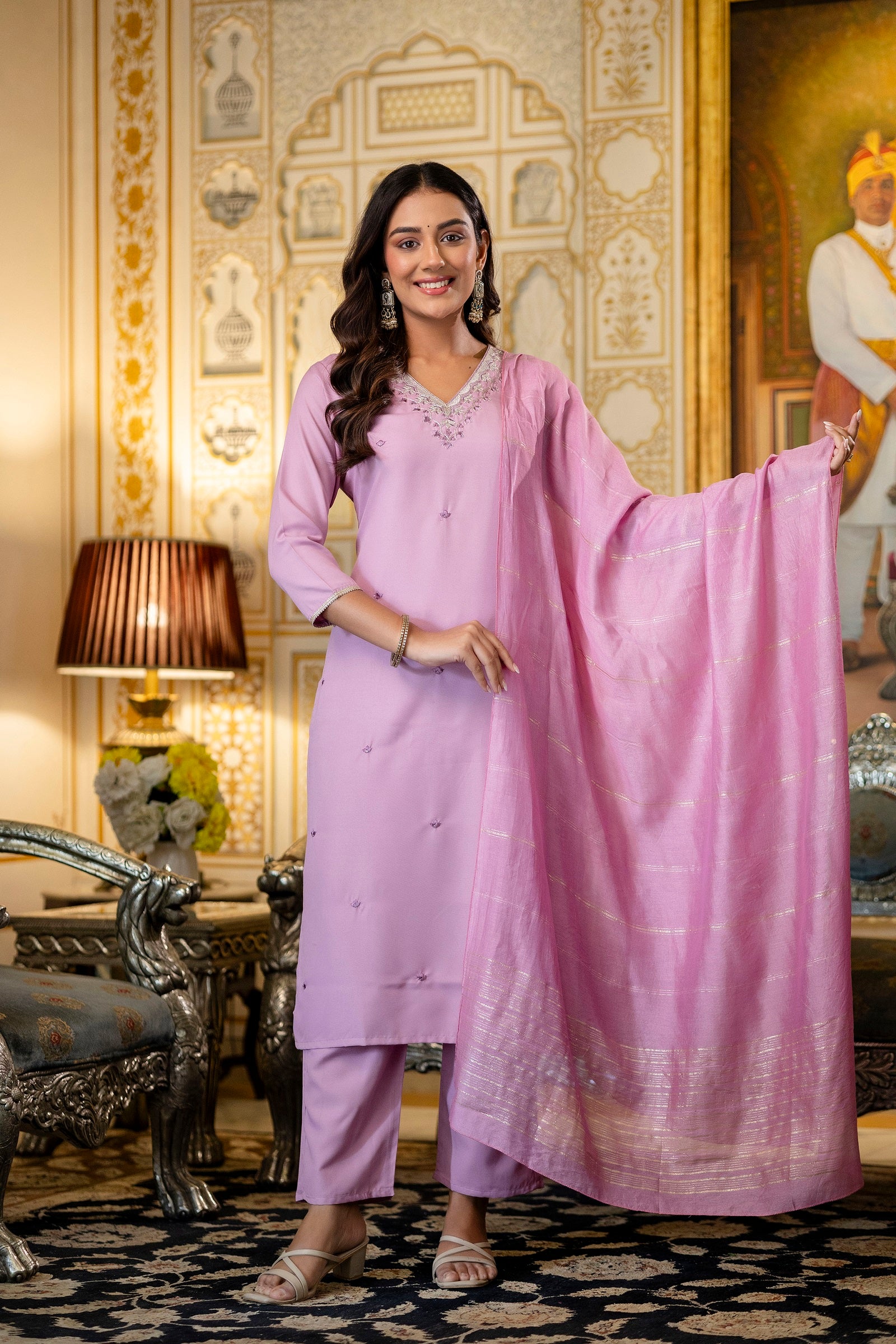 Lavender Embroidered Viscose Rayon Kurta Set with Chanderi Cotton Dupatta