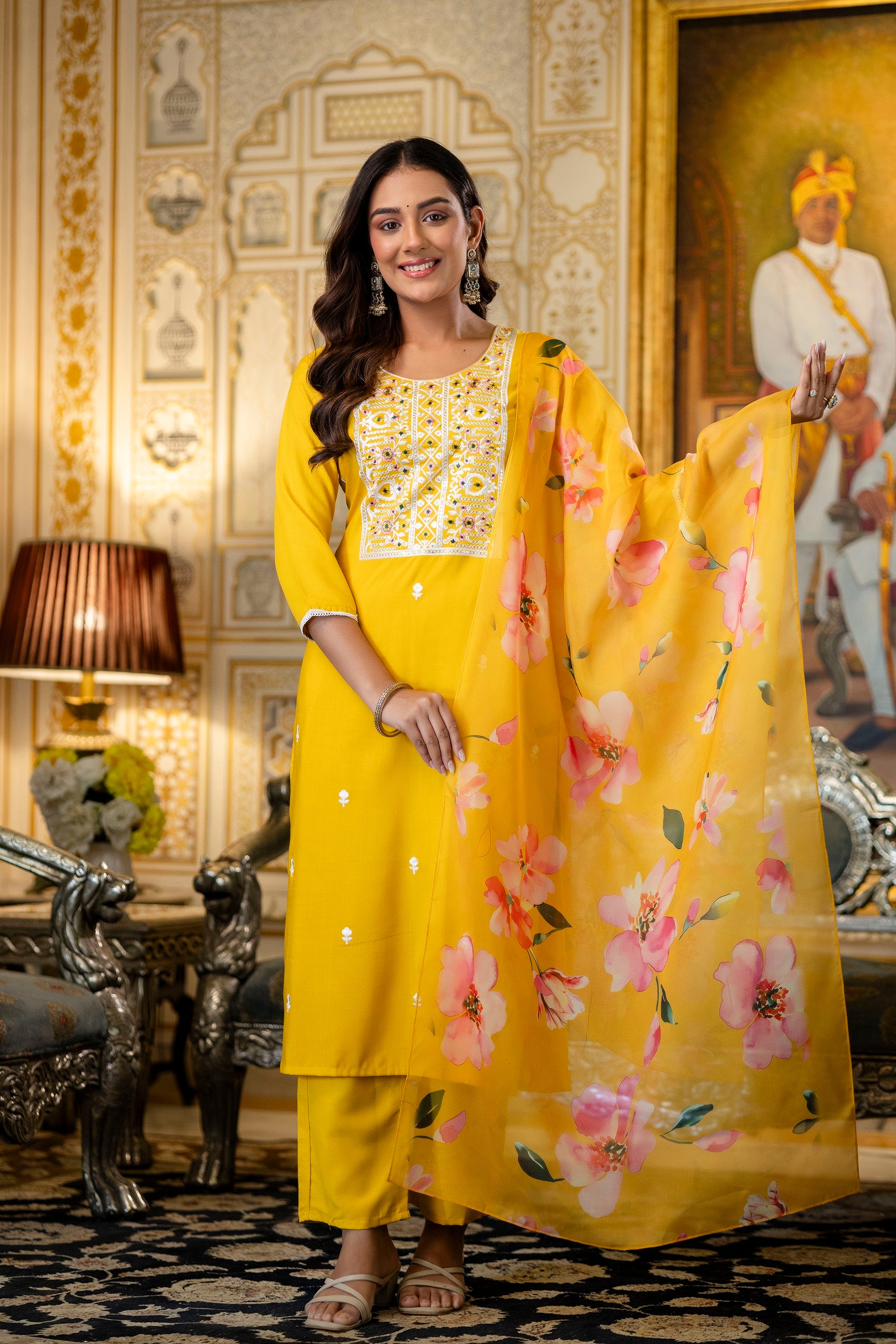 Yellow Embroidered Viscose Rayon Kurta Set with Printed Organza Dupatta (S–XXL)