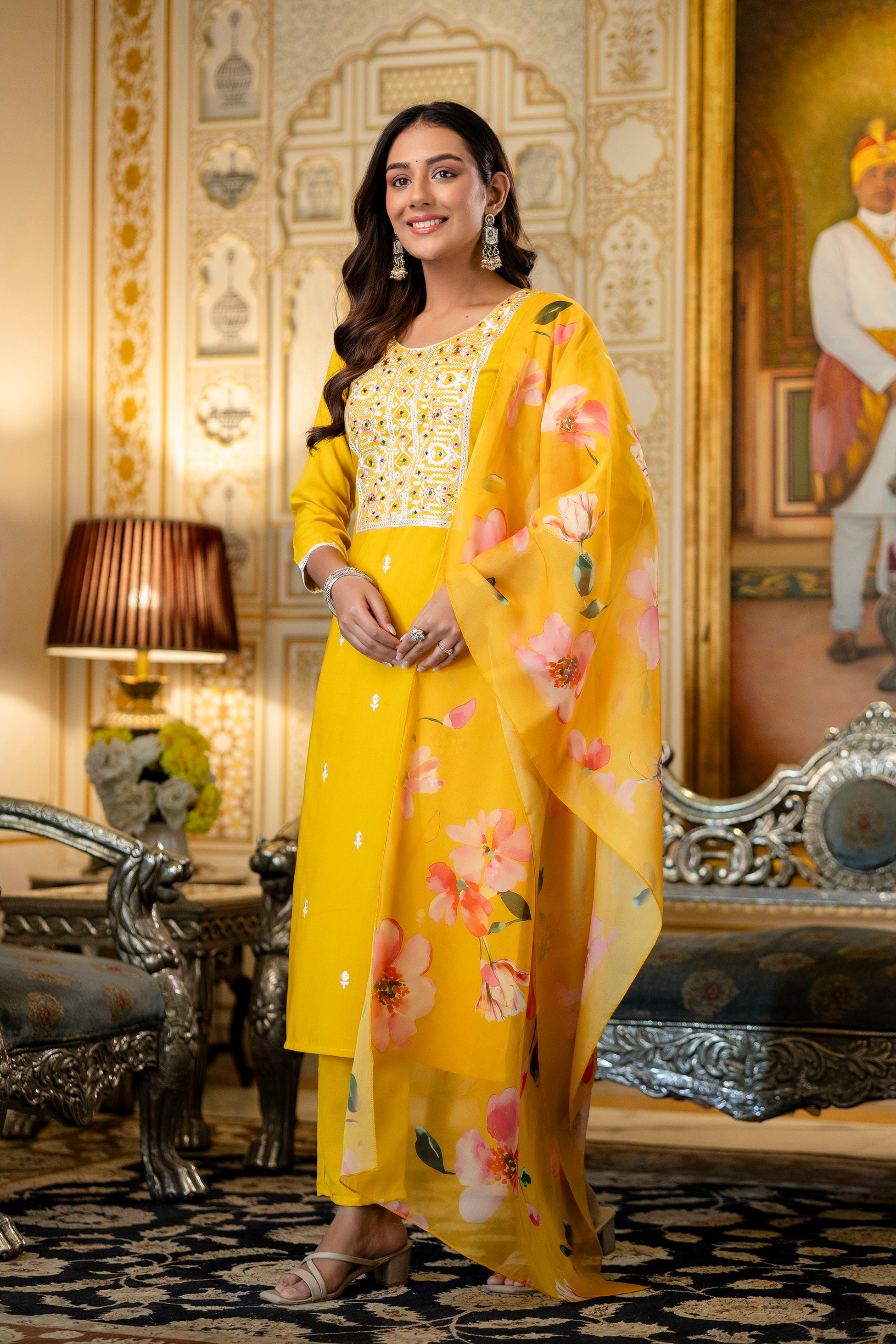 Yellow Embroidered Viscose Rayon Kurta Set with Printed Organza Dupatta (S–XXL)