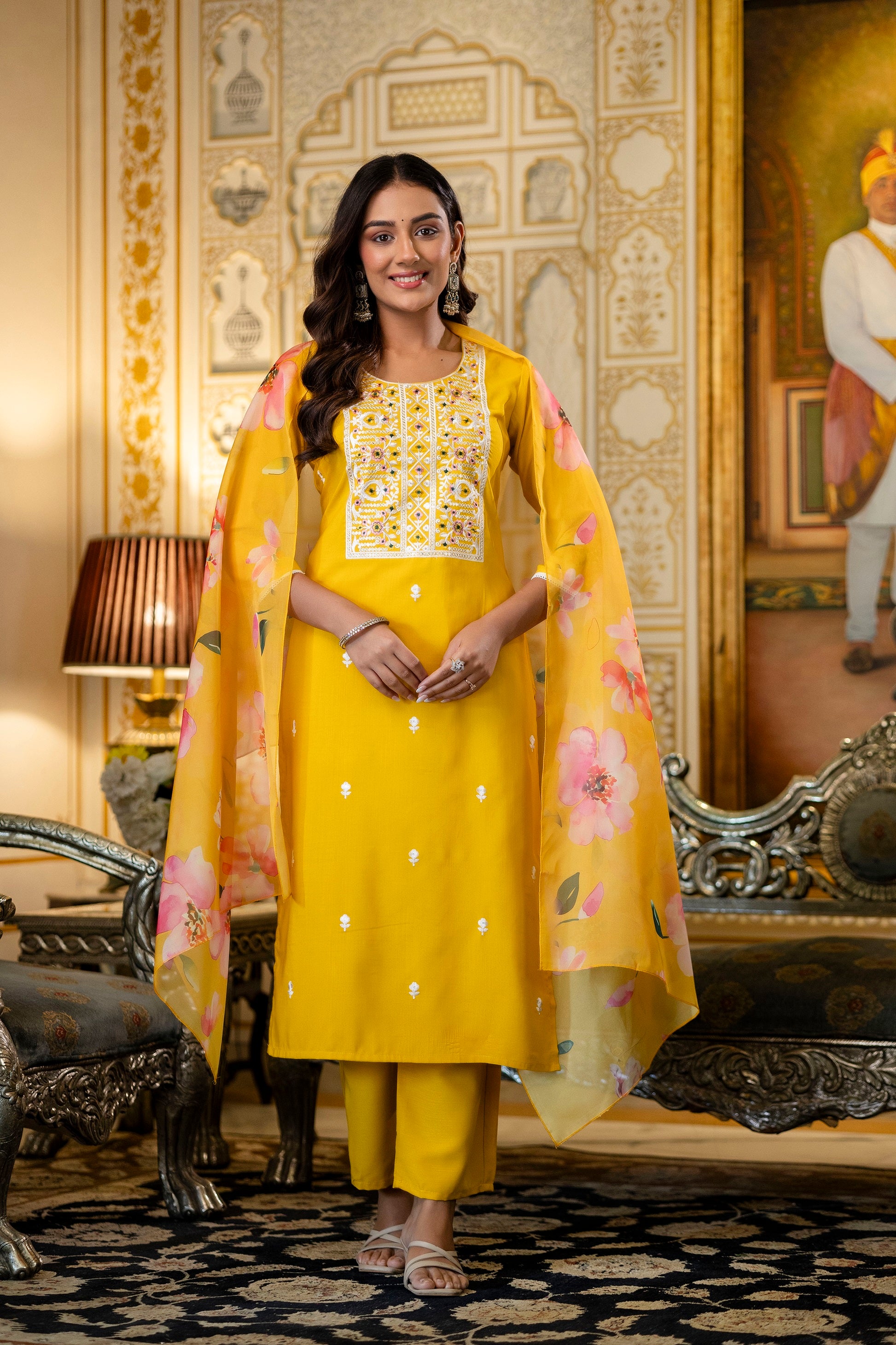 Yellow Embroidered Viscose Rayon Kurta Set with Printed Organza Dupatta (S–XXL)