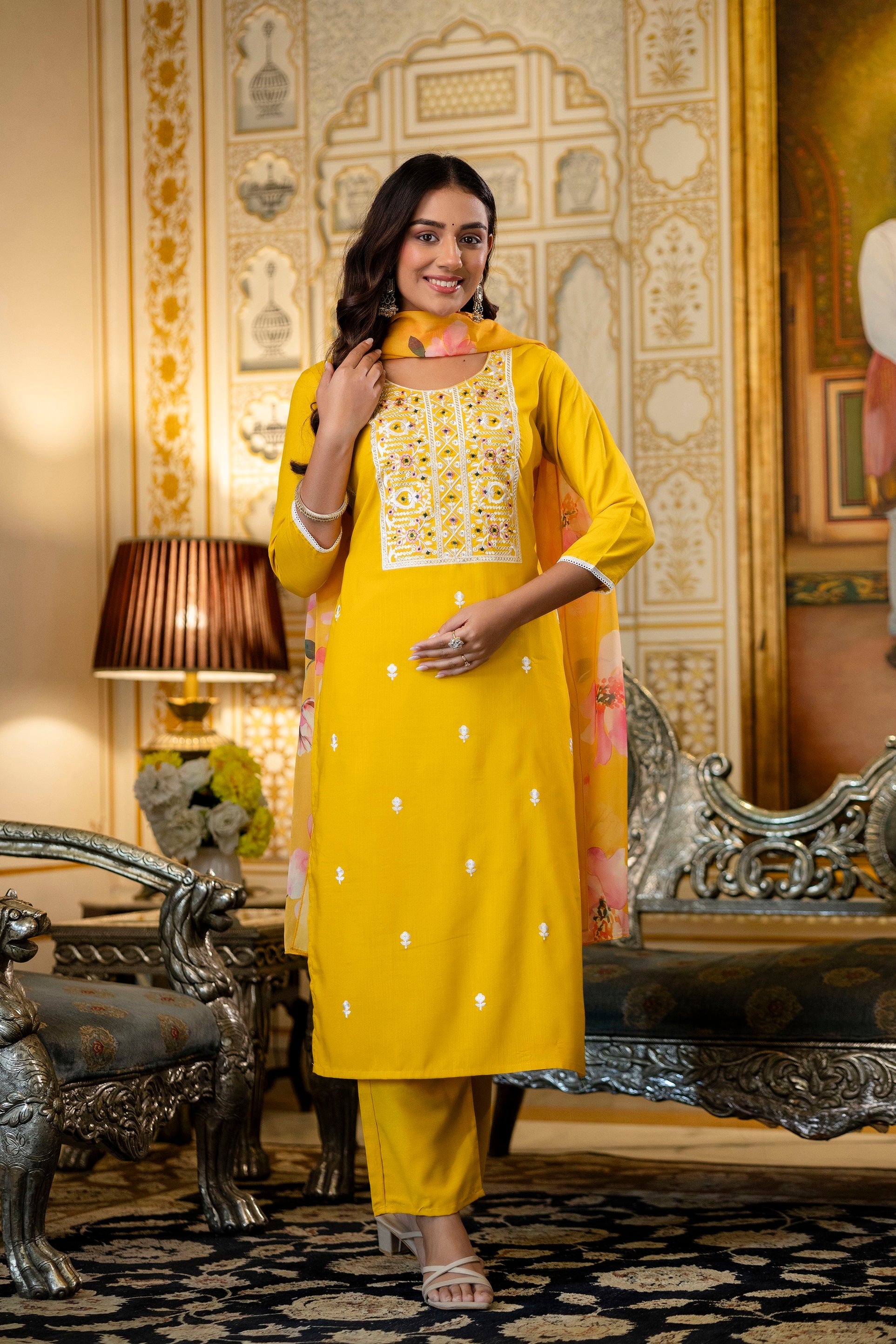 Yellow Embroidered Viscose Rayon Kurta Set with Printed Organza Dupatta (S–XXL)