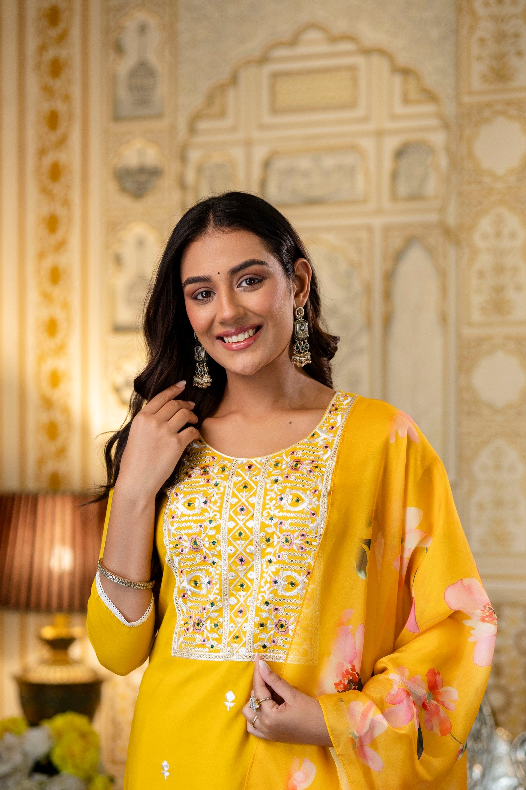 Yellow Embroidered Viscose Rayon Kurta Set with Printed Organza Dupatta (S–XXL)