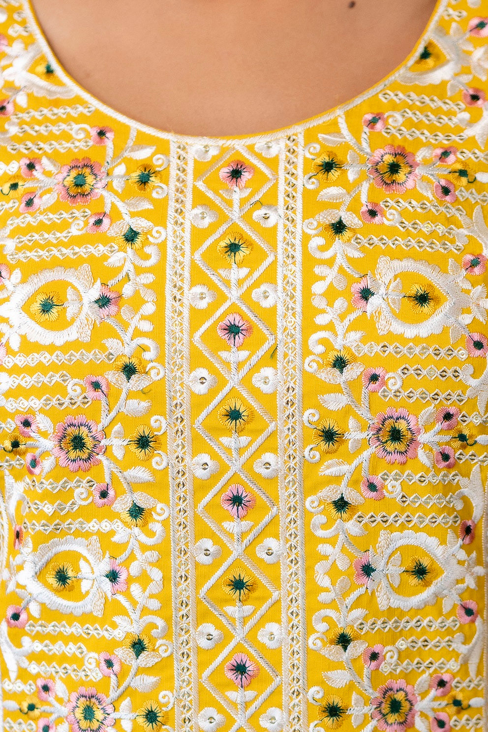 Yellow Embroidered Viscose Rayon Kurta Set with Printed Organza Dupatta (S–XXL)