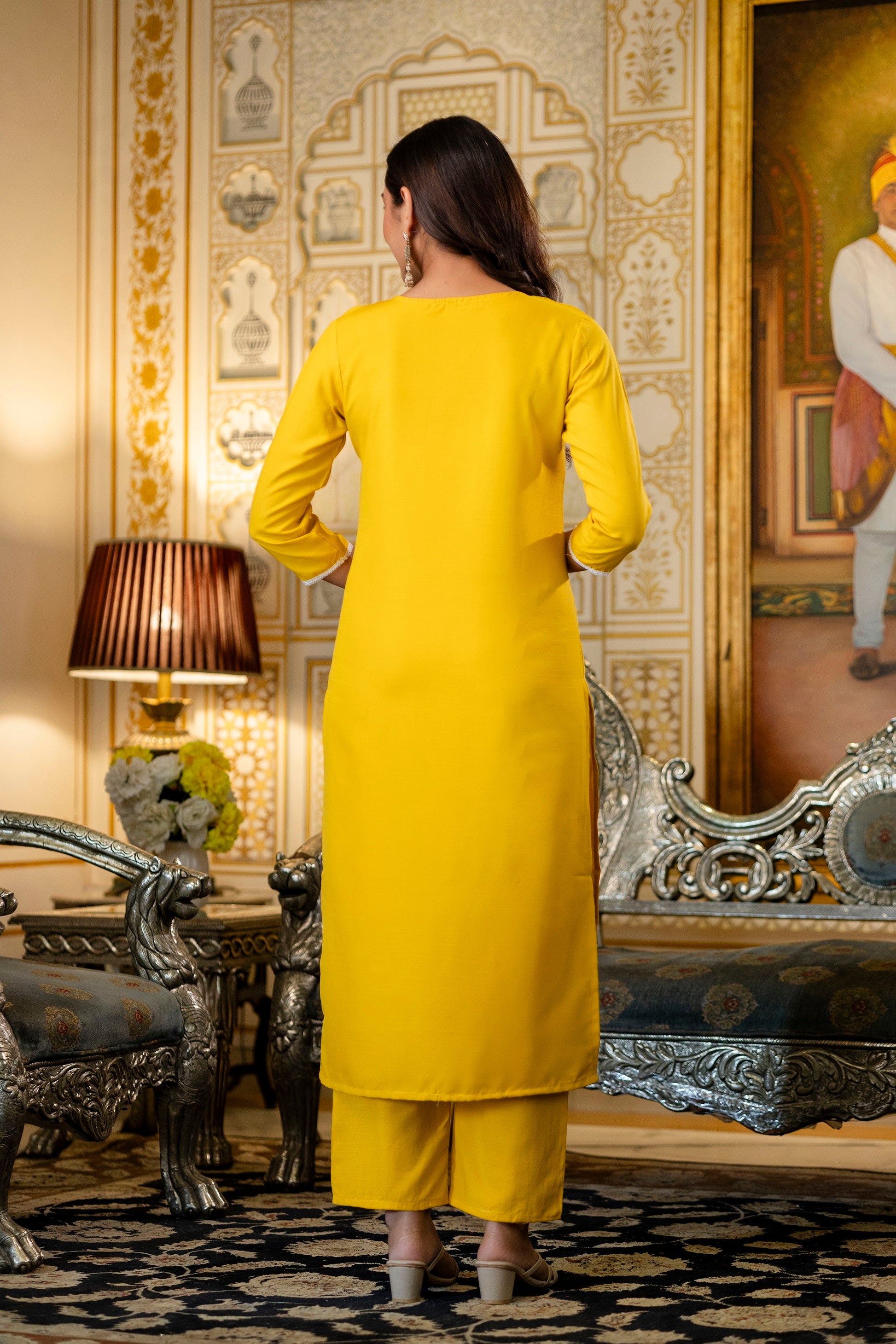 Yellow Embroidered Viscose Rayon Kurta Set with Printed Organza Dupatta (S–XXL)