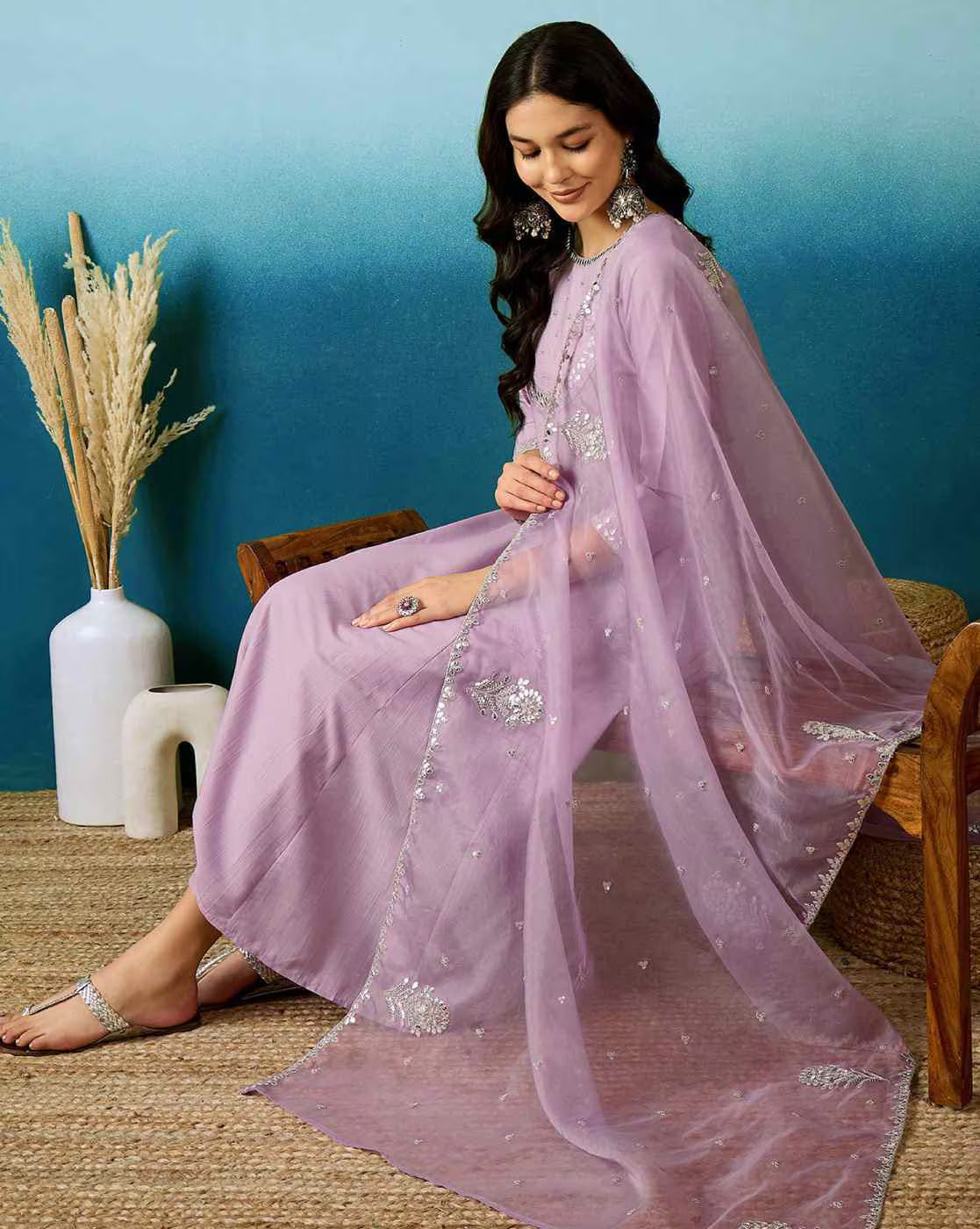 Silk Blend Anarkali Gown with Pant & Dupatta (3 Piece)