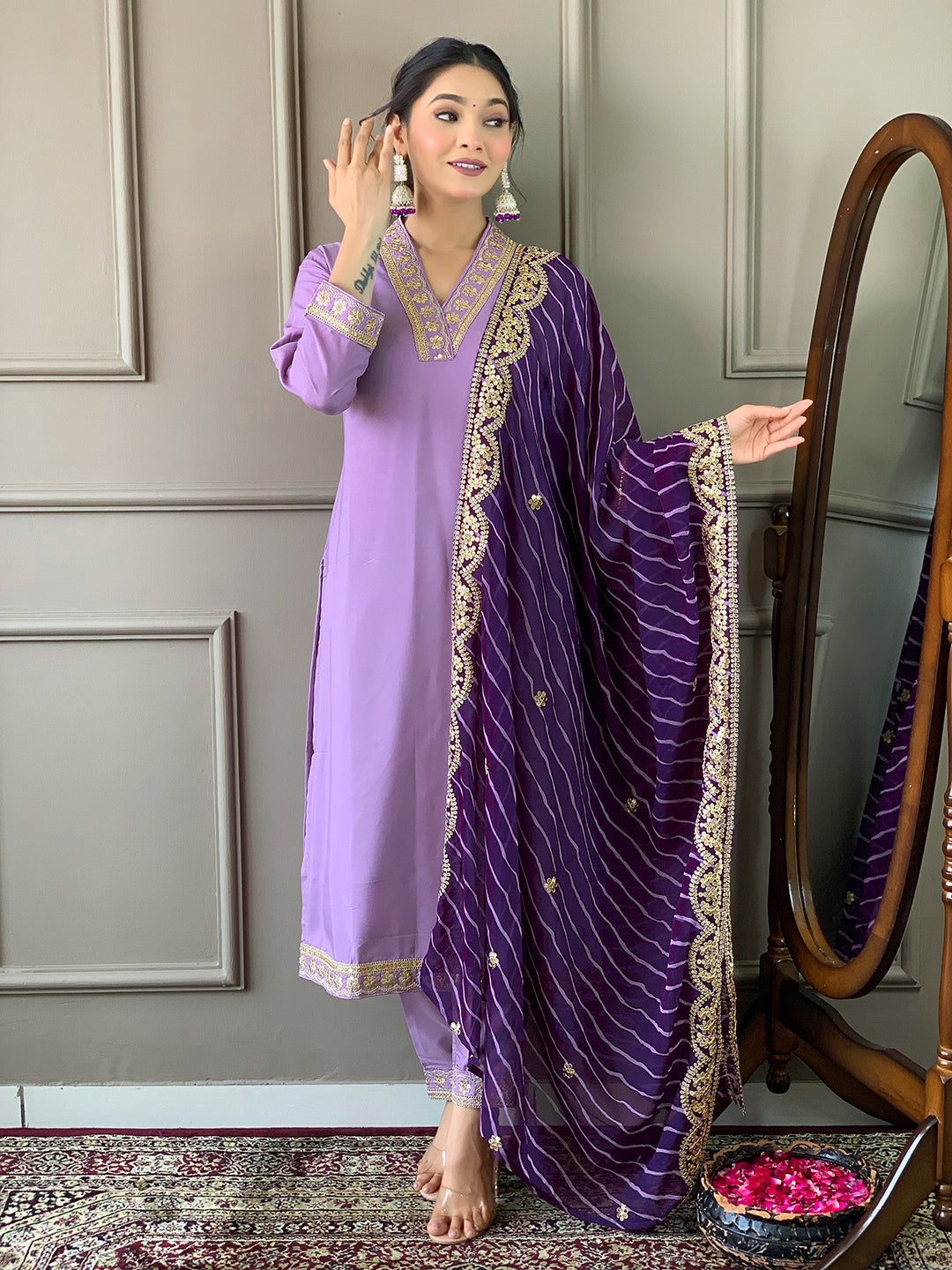 Embroidered Viscose Silk Blend Kurta Pant Dupatta Set