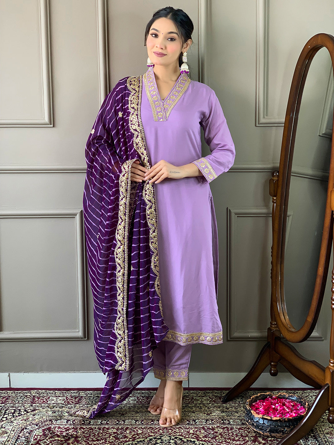 Embroidered Viscose Silk Blend Kurta Pant Dupatta Set