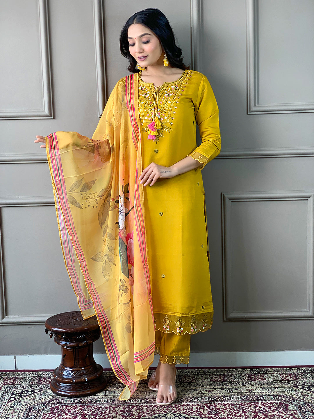Mustard Chanderi Embroidered Straight Kurta Set with Pant & Crepe Silk Dupatta